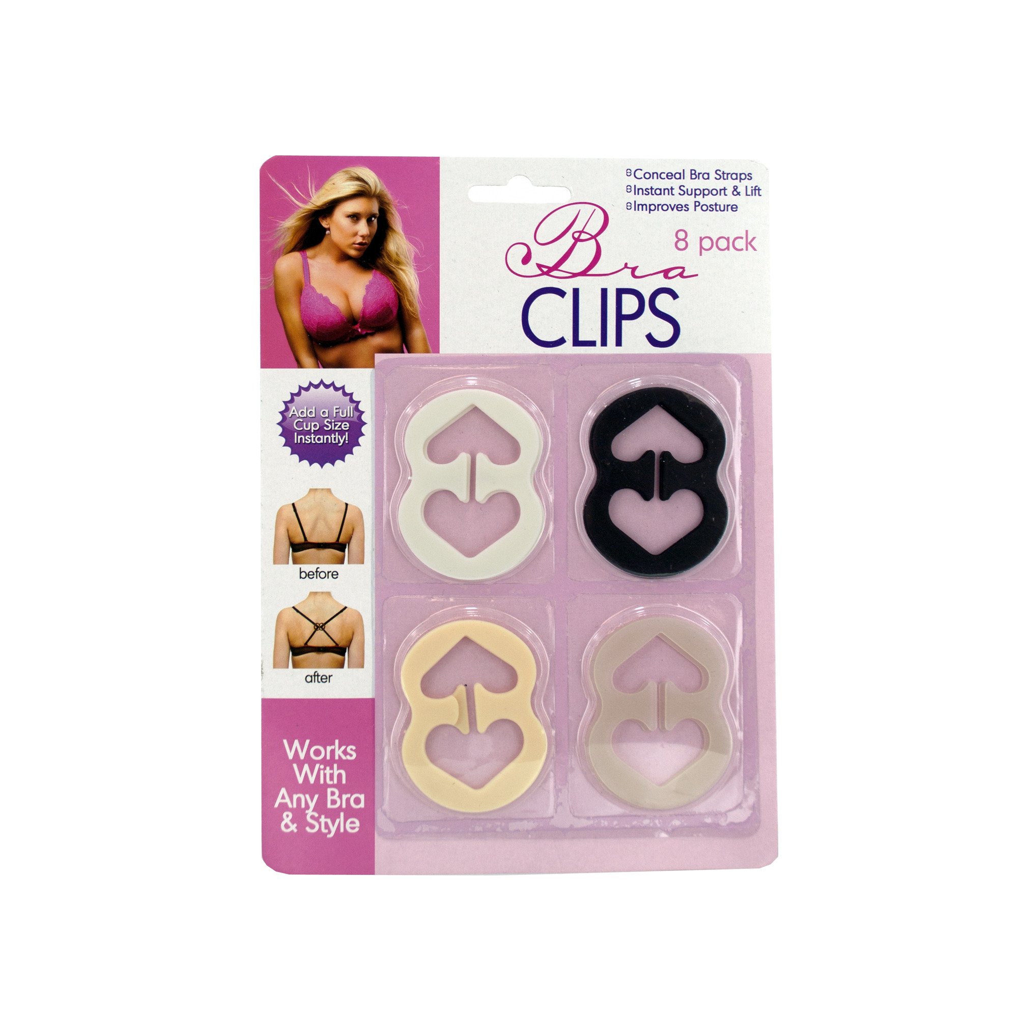 Kole Imports HB167 Bra Clips Set - 8 Pack Flexible Plastic Bra Strap Converters in White, Black, Beige & Clear | Comfortable Back Hook Clips for Bras, Tank Tops & Dresses | Perfect for Adjustable Straps, Layering Outfits & Wardrobe Solutions