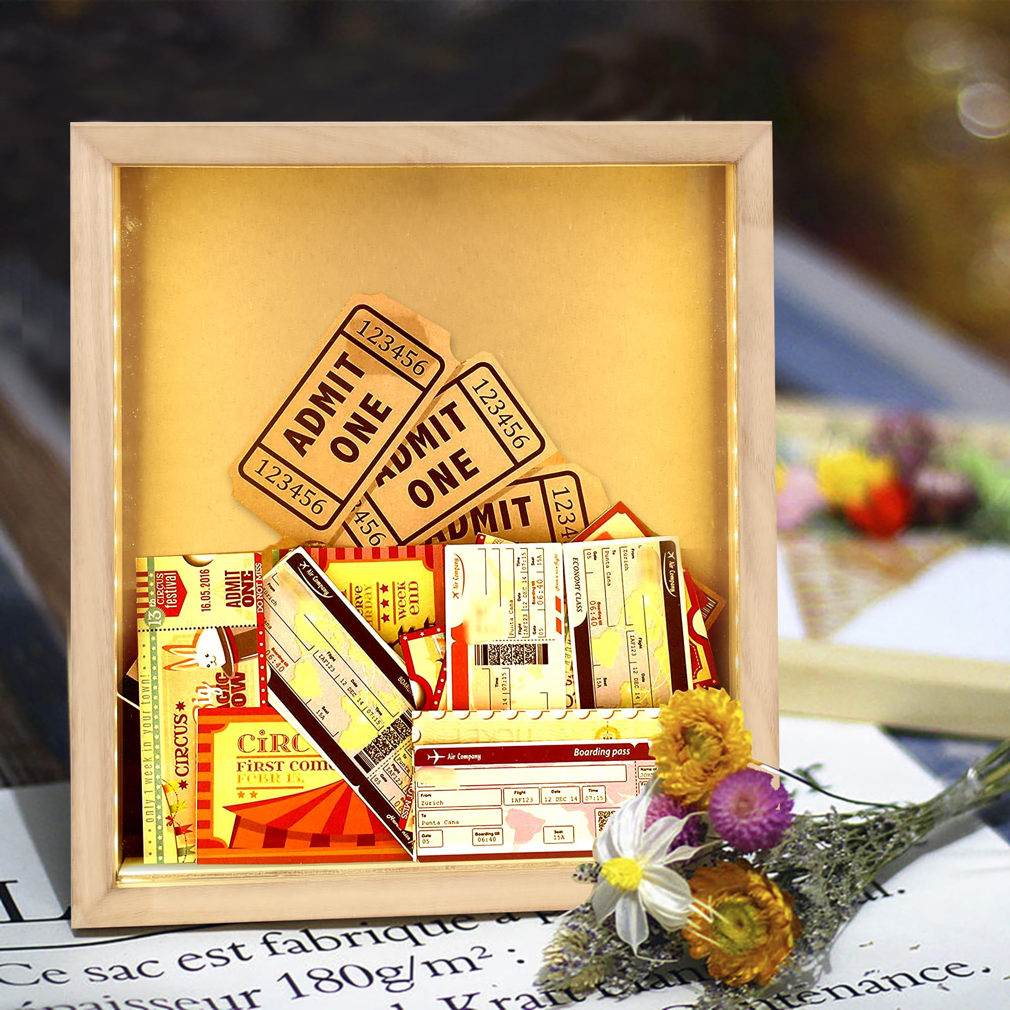 11x12 Wooden Wine Cork & Beer Cap Holder Shadow Box with LED Lights - Display Case for Flowers, Tickets, Memorabilia - 3D Picture Frame for Home Bar Decor, Christmas Gift, Wedding Anniversary Keepsake (Natural Finish)