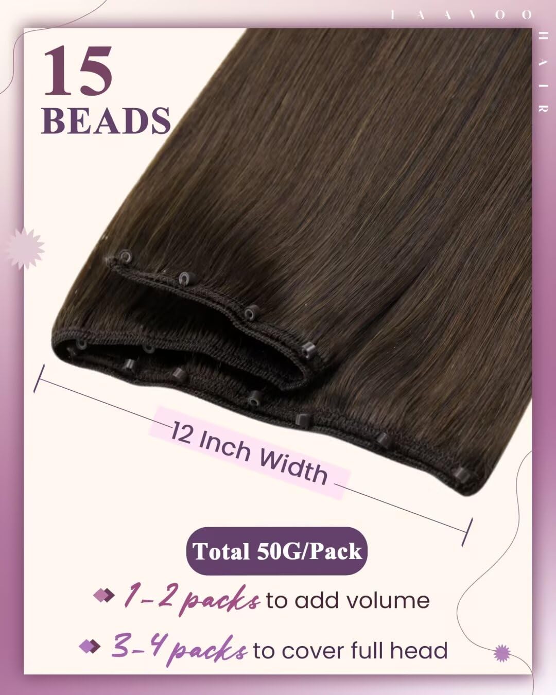 LaaVoo 20inch Dark Brown Microbead Weft Hair Extensions - 20pcs 50g Real Human Hair for Natural Look | Perfect for Daily Wear, Parties, and Special Occasions