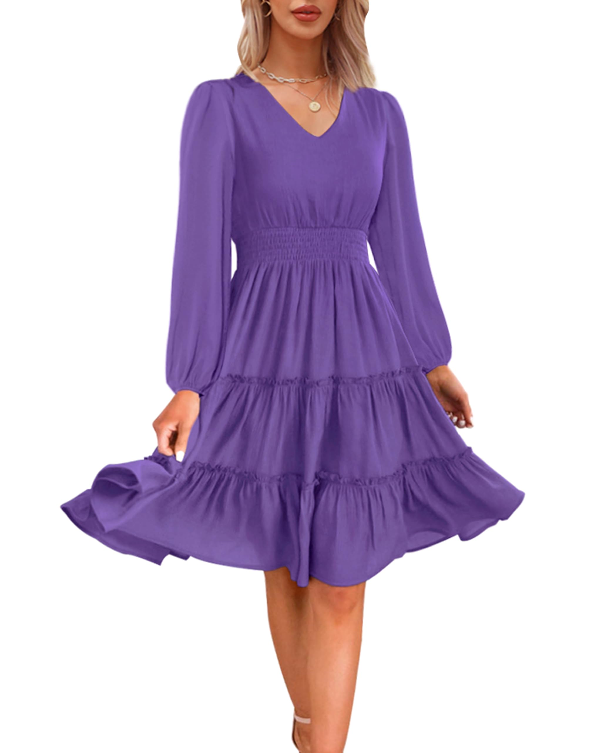 Zattcas Women's 2025 Spring Summer Flowy V-Neck Smocked Waist A-Line Tiered Midi Dress - Casual Work Office Wear, Beach Vacation, Date Night & Special Occasions