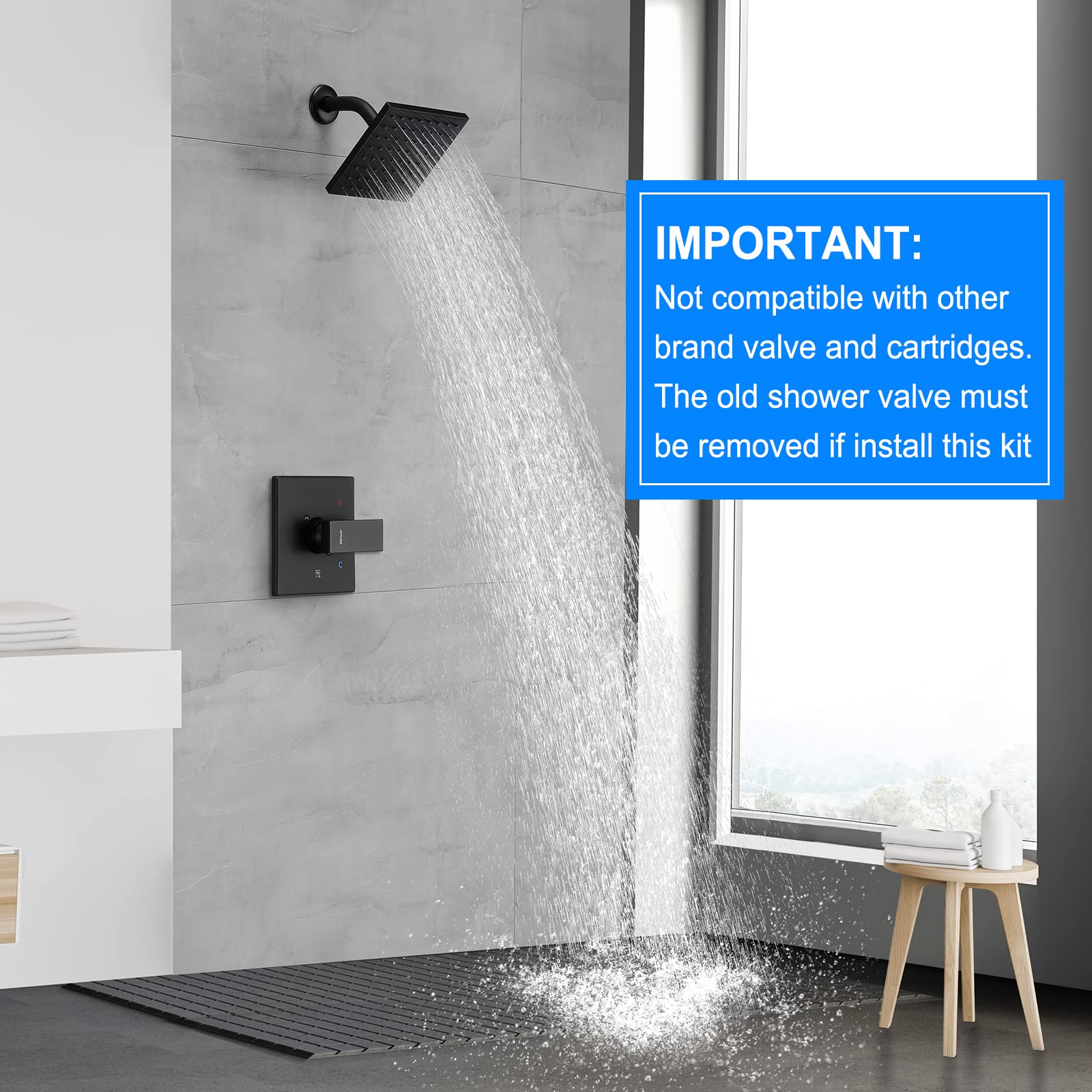 Esnbia Matte Black Tub Shower Kit - 6-Inch Rain Shower Head with Single-Handle Faucet Set (Includes Valve) for Bathroom & Bathtub Upgrade - Perfect for Modern Home Renovation & Spa-Like Shower Experience