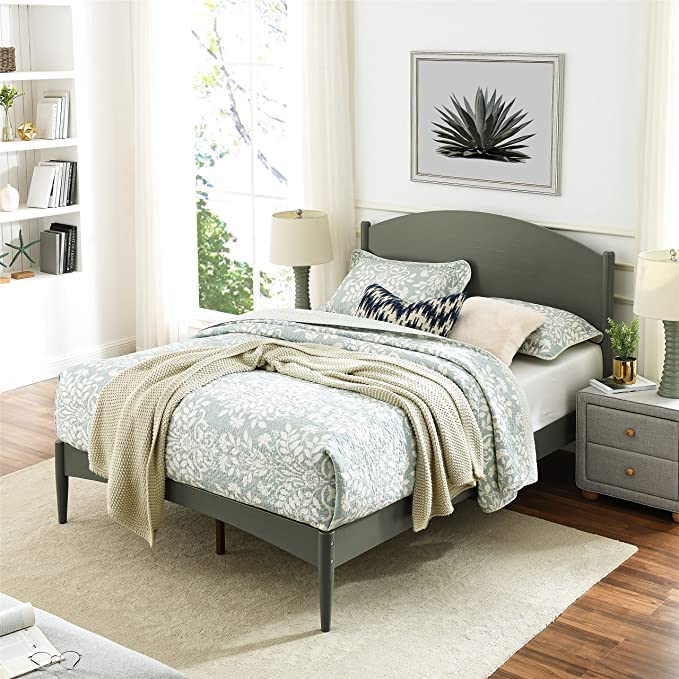 Mid Century Full Size Bed Frame with Modern Curve Headboard - Solid Wood Platform Bed with Sturdy Wood Slat Support, No Box Spring Needed, Olive Green - Perfect for Modern Bedrooms, Guest Rooms & Small Spaces