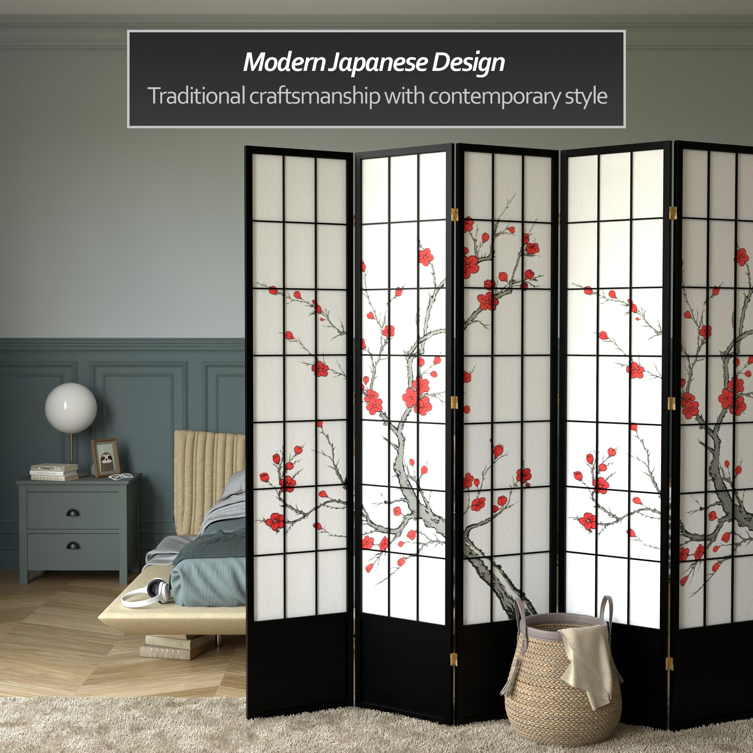 5-Panel Black Room Divider Screen - Red Lantern SS-84CBLSS - Privacy Partition for Home Office, Living Room & Bedroom