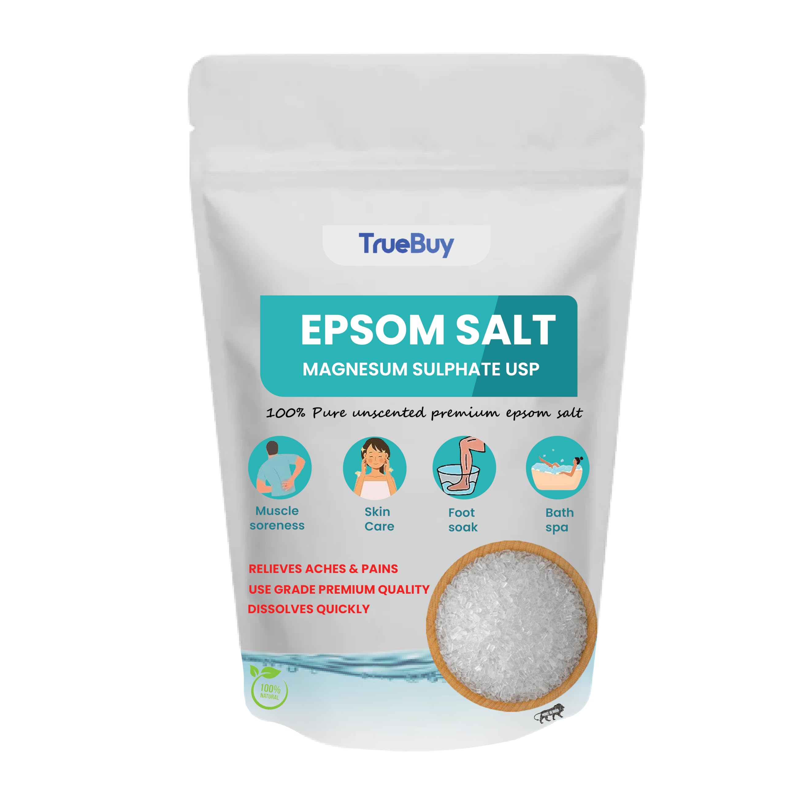 TrueBuy Epsom Salt for Bath - 900g Magnesium Sulfate Crystals for Muscle Relaxation, Pain Relief & Stress Relief | Perfect for Post-Workout Recovery, Spa Days & Relaxing Baths