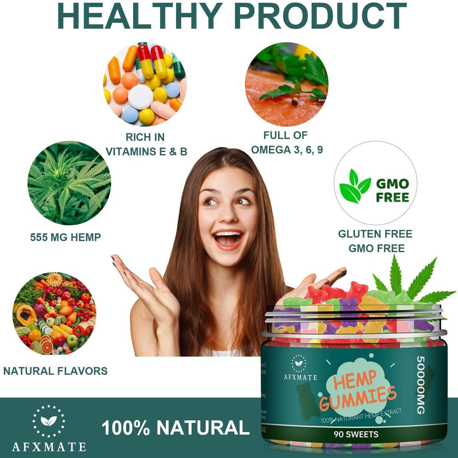 AFXMATE Hemp Gummies 50000mg - Natural Fruit Flavored CBD Gummy Bears (90 Count) for Stress Relief, Sleep Support & Relaxation | Vegan, Non-GMO, THC-Free Supplement for Daily Wellness