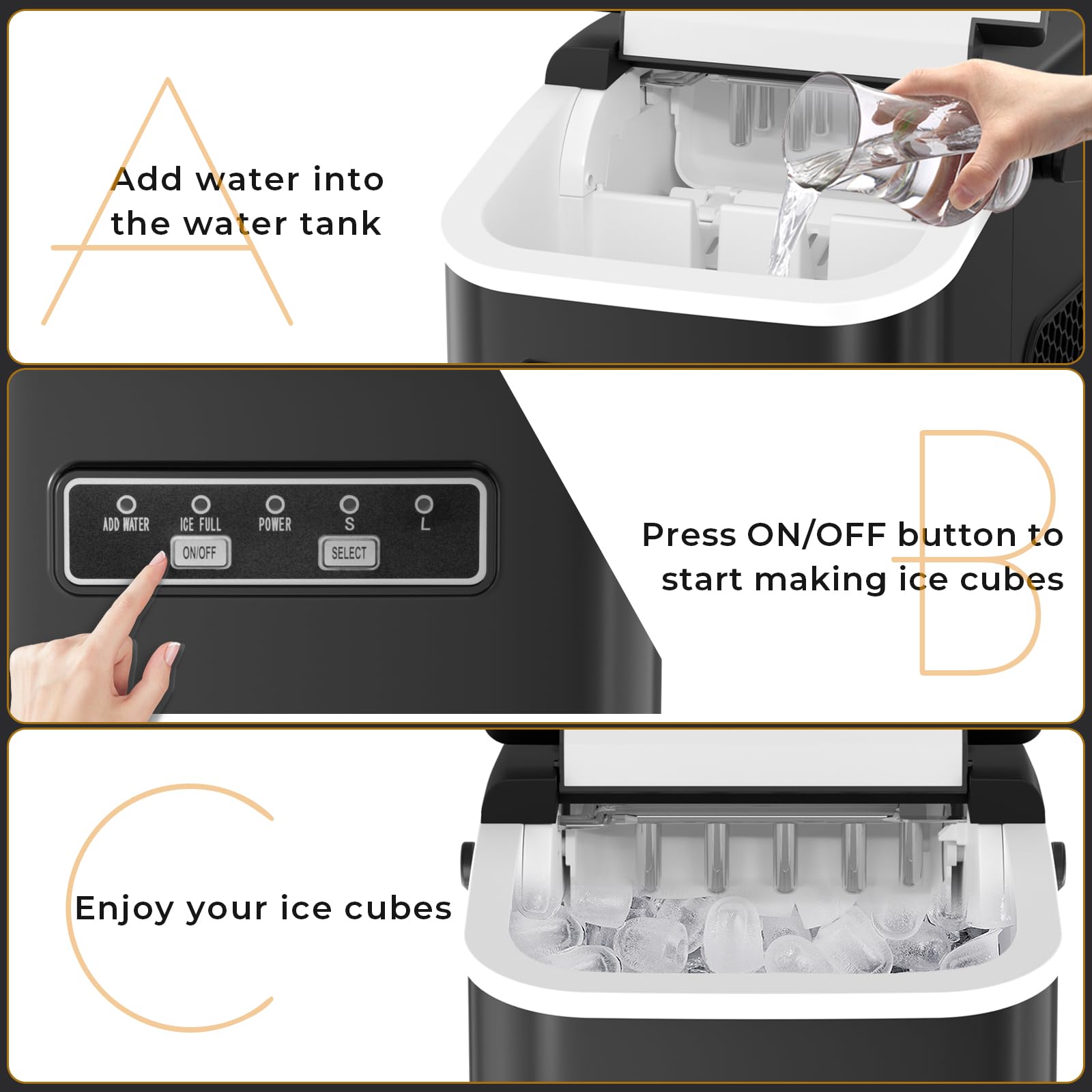 Portable Countertop Ice Maker Machine - Self-Cleaning Bullet Ice Cube Maker with Scoop & Basket, Makes 9 Cubes in 6 Minutes, 26.5lbs/24h, 2 Ice Sizes - Perfect for Home Kitchen, Office, Bar, Party & Outdoor Gatherings
