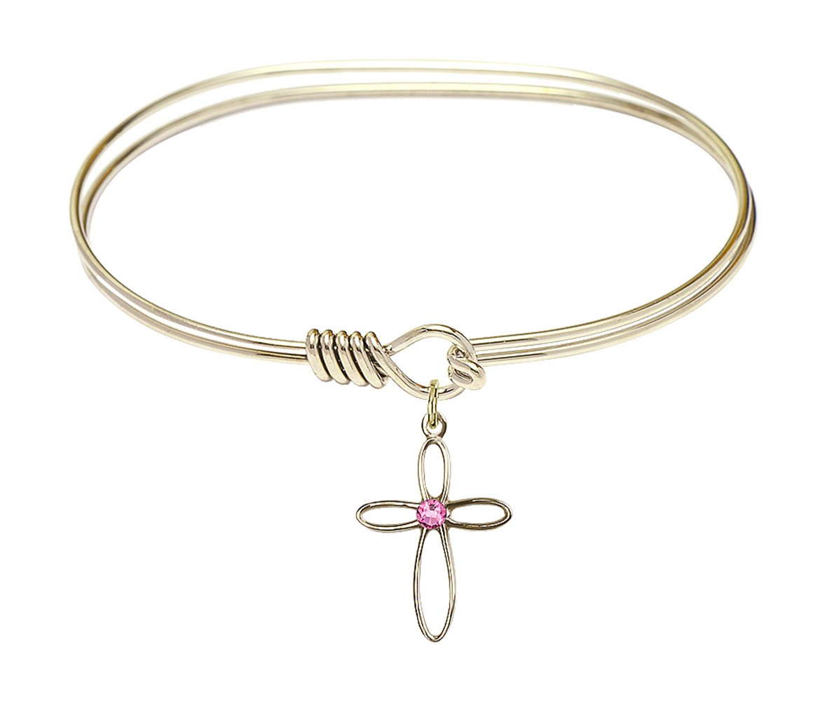 7 Inch Oval Eye Hook Bangle Bracelet with Loop Cross Medal Charm & Rose Crystal - Elegant Jewelry for Women, Perfect for Daily Wear, Parties, and Gifts