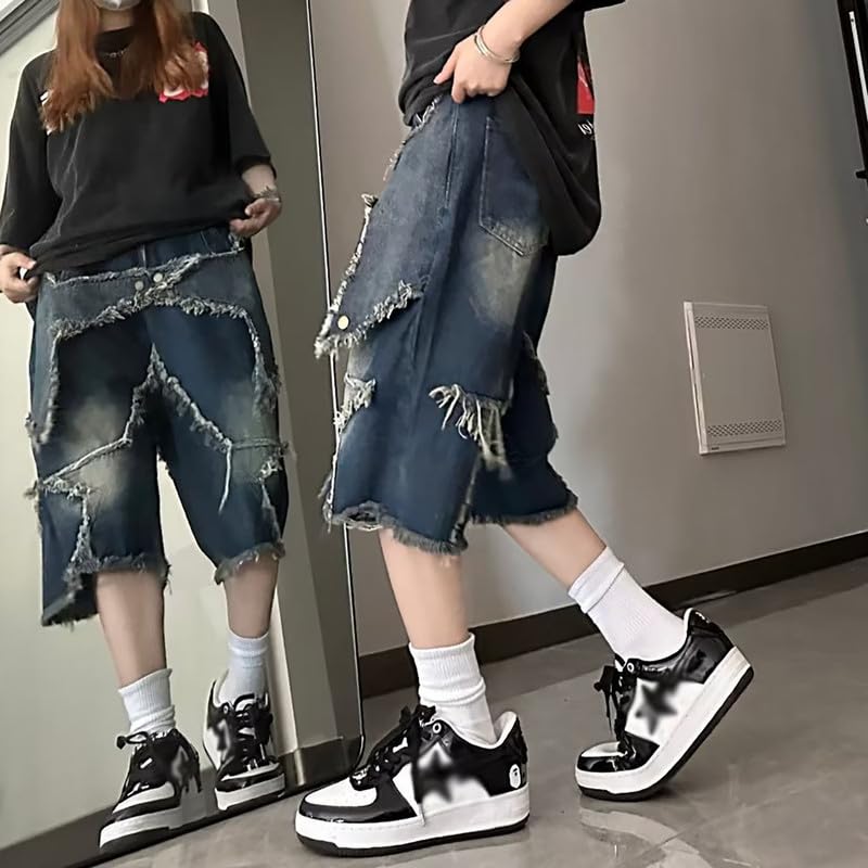 Y2K Baggy Jean Shorts for Women & Men - Distressed Denim Jorts with Star Design | Aesthetic Grunge Summer Shorts for Casual Outfits, Music Festivals & Streetwear Looks