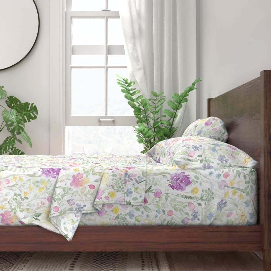 Spoonflower 100% Cotton King Size 4-Piece Sheet Set - Pink White Green Floral Watercolor Wildflower Meadow Print Bedding for Summer & Boho Home Decor