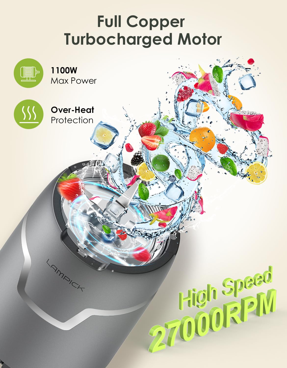 1100W High-Speed Smoothie Blender for Protein Shakes, Frozen Drinks & Baby Food - Personal Blender with 2 Travel Cups & Lids - Perfect for Kitchen, Gym & On-the-Go Nutrition - Blender & Grinder Combo for Smoothies, Shakes & Meal Prep