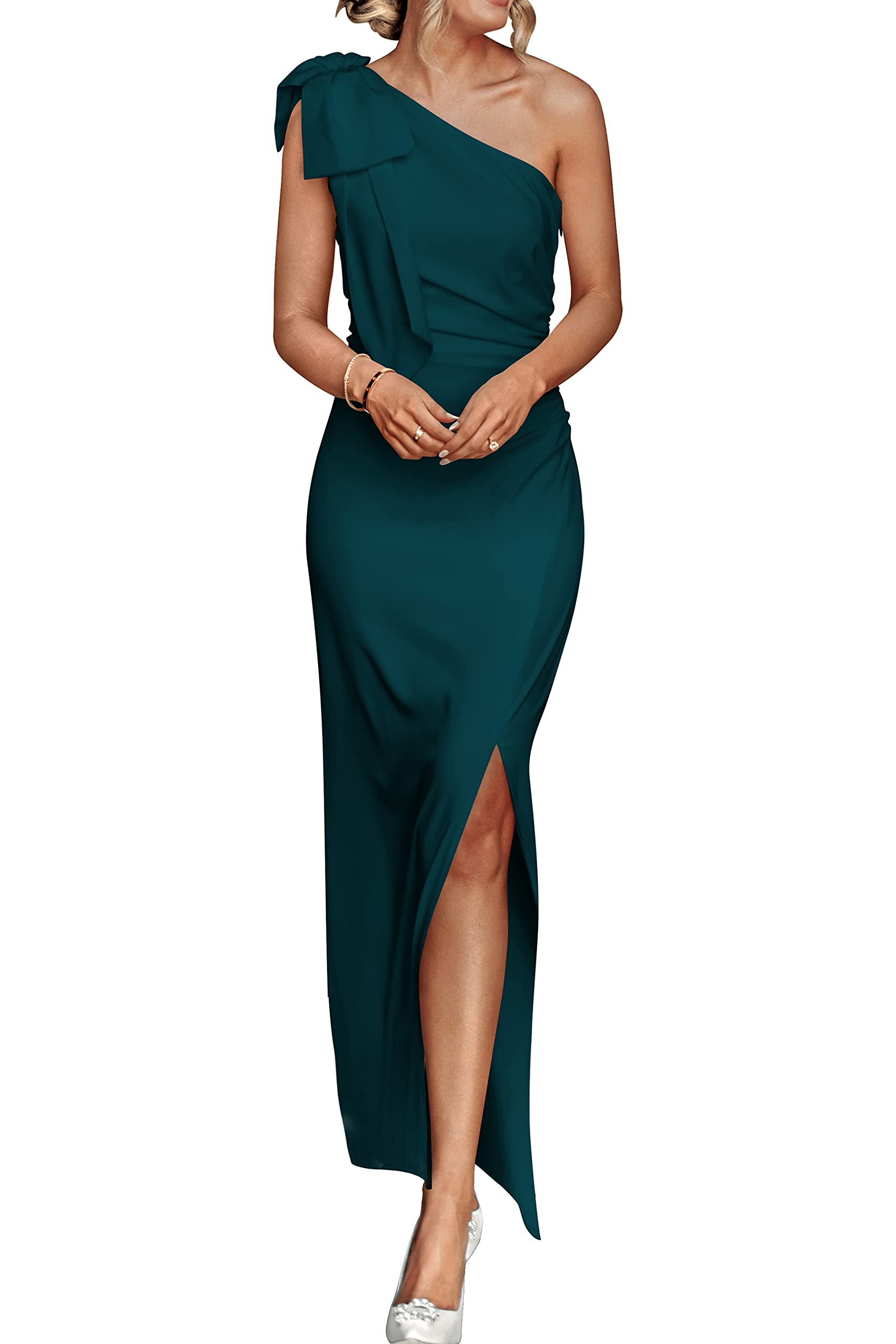 PRETTYGARDEN Women's One Shoulder Long Formal Dress - Sleeveless Ruched Bodycon Wedding Guest Maxi Dress with Slit | Perfect for Summer Parties, Cocktail Events & Evening Occasions
