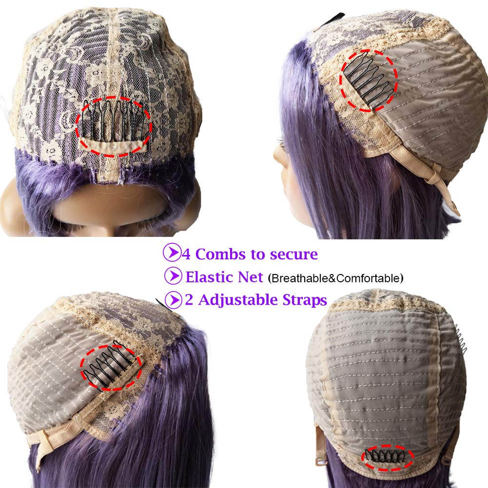 Brazilian Virgin Human Hair Bob Wigs for Women - 14 Inch Straight Purple Bob Wig with 180% Density, Middle Part, Non-Lace Frontal, Machine Made (Lilac) | Perfect for Cosplay, Daily Wear & Special Occasions