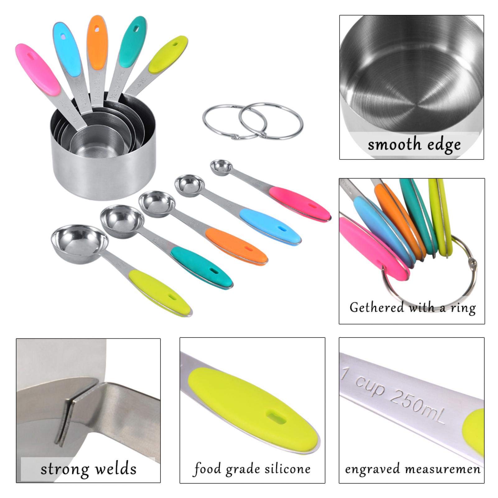 10-Piece Stainless Steel Measuring Cups and Spoons Set with Flat Bases & Measurement Scale - Essential Kitchen Tools for Baking, Cooking & Meal Prep
