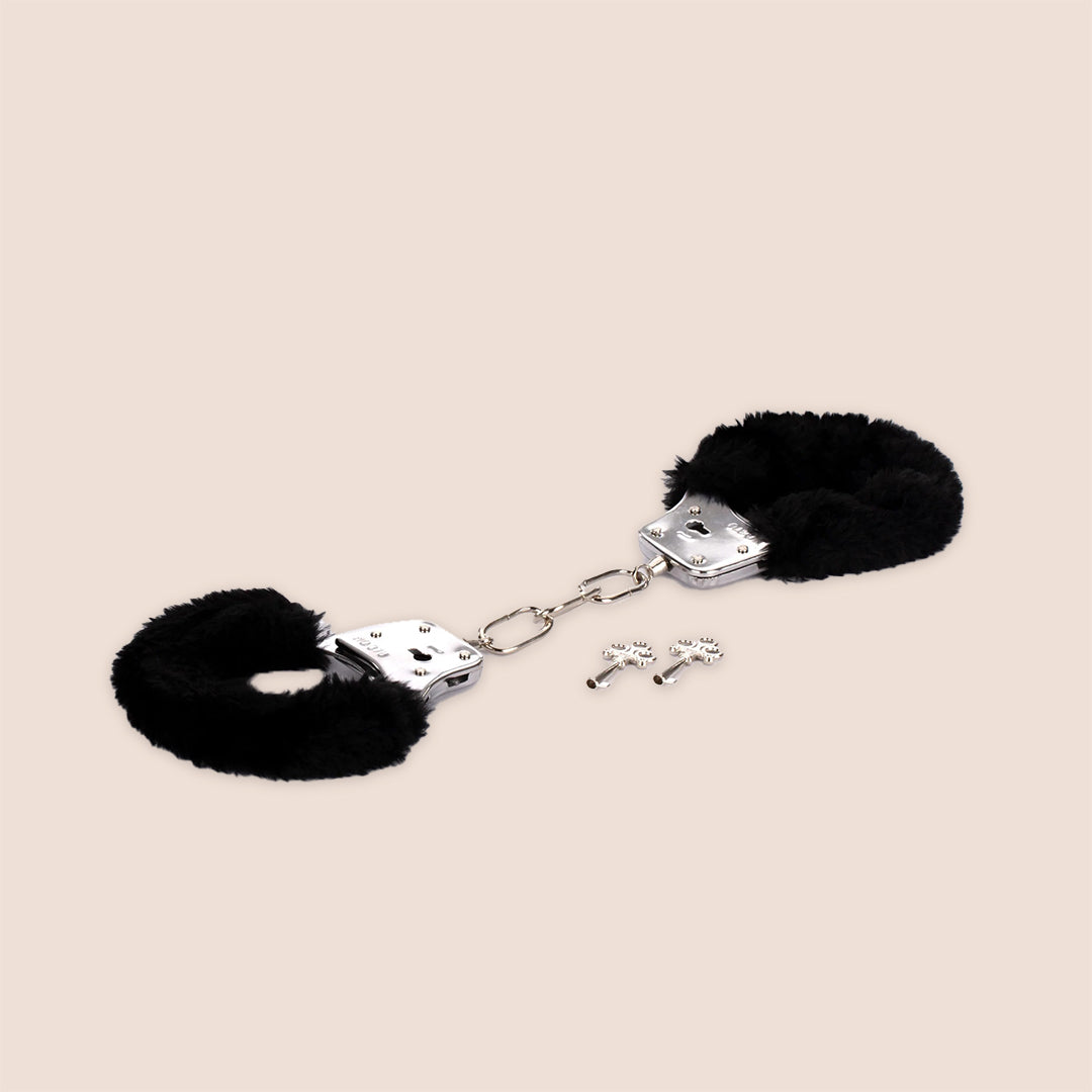 Sex & Mischief Black Furry Handcuffs - Nickel Free Metal Bondage Restraints for Couples Play, BDSM, Roleplay & Spicy Bedroom Fun