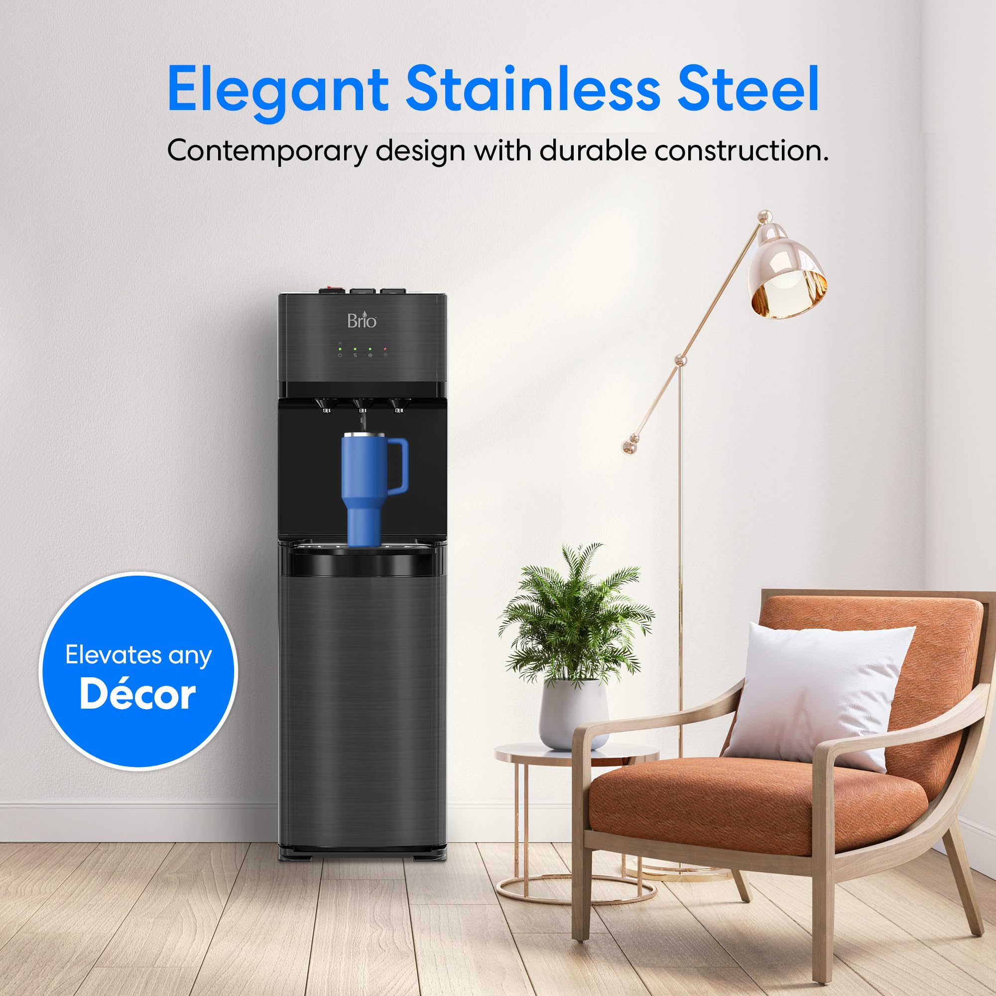 Brio Self-Cleaning Bottom Loading Water Cooler Dispenser - Black Stainless Steel - 3 Temperature Settings (Hot, Room & Cold) - Ideal for Home, Office & Kitchen Use