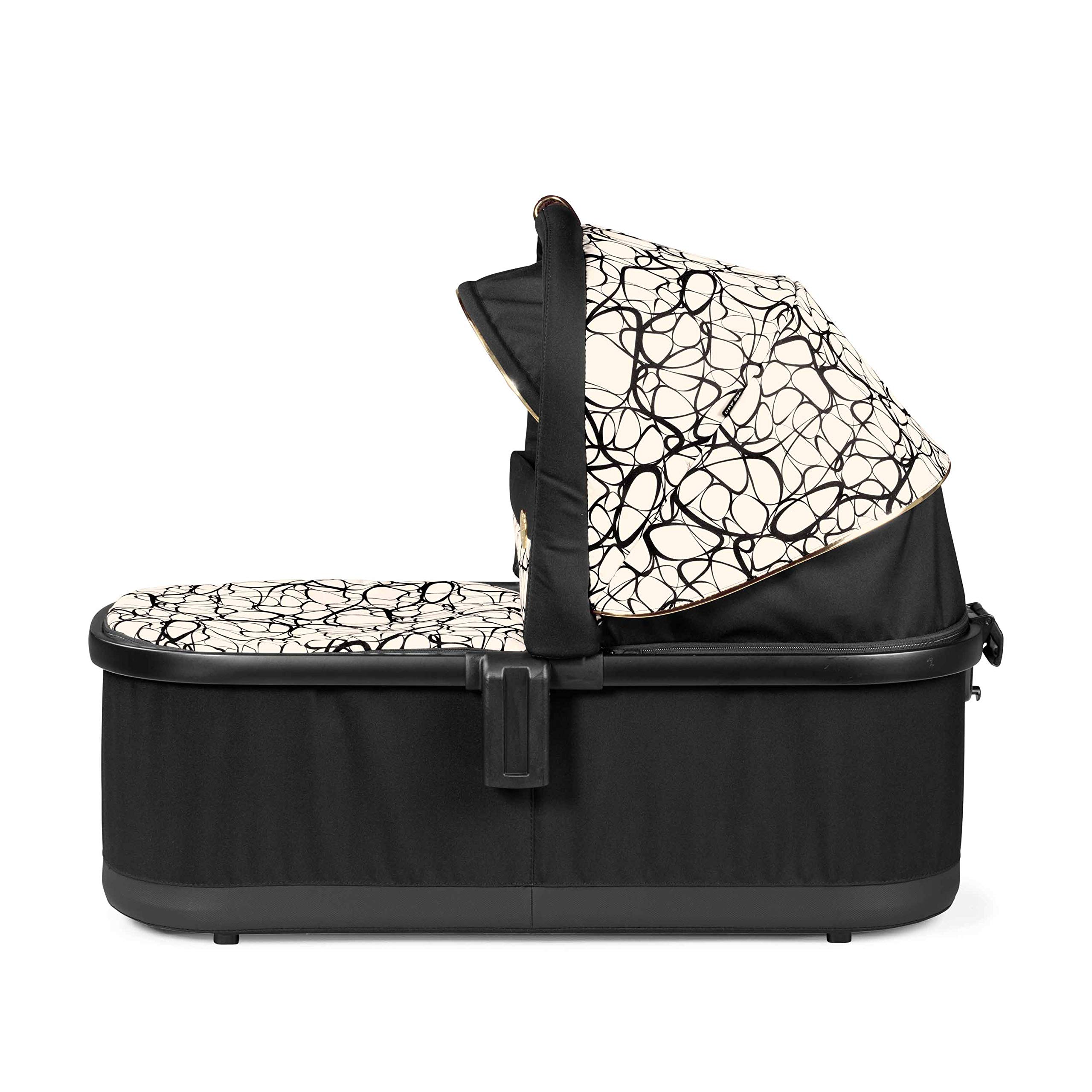 Peg Perego Bassinet with Home Stand for Ypsi, Veloce, Vivace Strollers - Black & Gold Graphic Design | Safe & Comfortable Baby Sleeper for Nursery, Bedroom, Travel