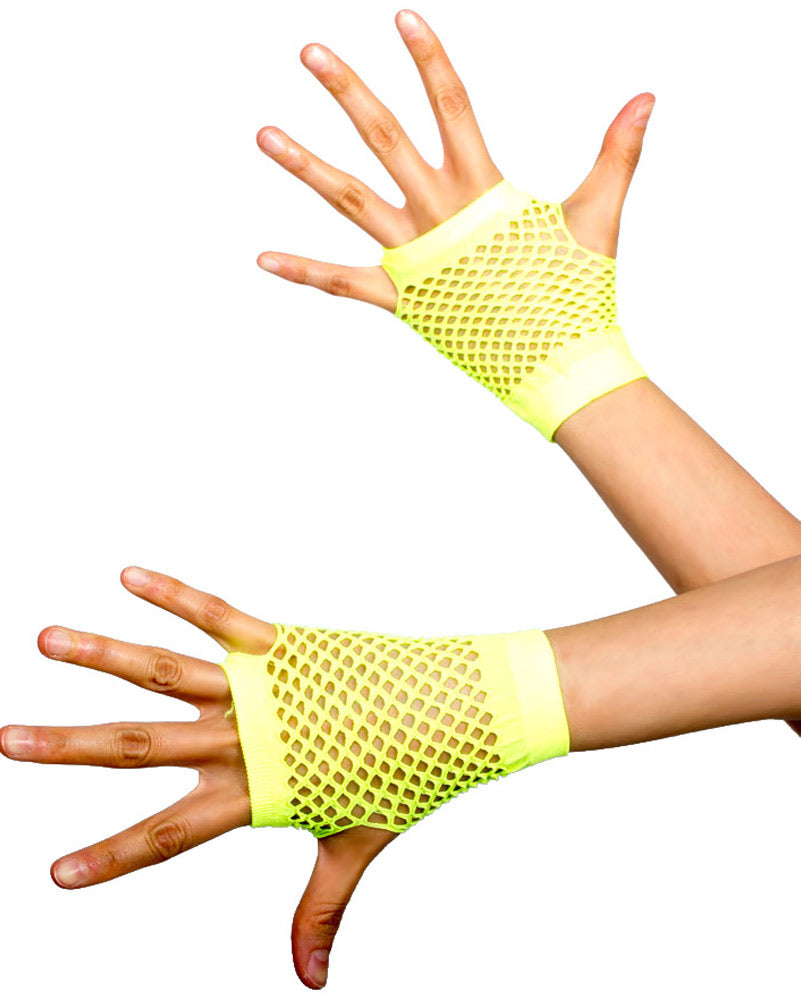 80s Retro Neon Green Fishnet Gloves for Women - Vintage Style Short Mesh Gloves for Cosplay, Halloween Costumes & 80s Themed Parties