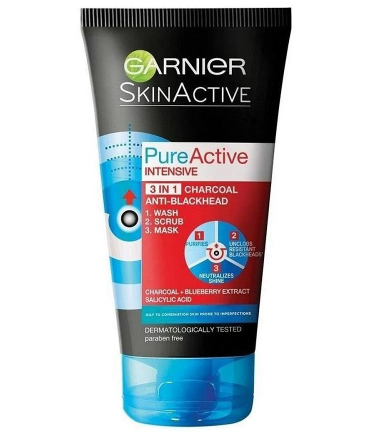 Garnier Pure Active 3-in-1 Charcoal Face Wash for Blackhead Removal & Oil Control - Deep Cleansing for Acne-Prone Skin - Perfect for Daily Skincare Routine & Men's Grooming