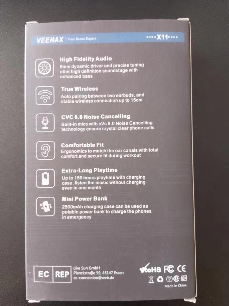 VEENAX X11 True Wireless Earbuds Bluetooth 5.0 Headphones with Touch Control, IPX5 Waterproof Sport Earphones, Built-in Mic & Deep Bass Stereo Sound, 150H Playtime USB-C Charging - Perfect for Running, Gym Workouts & Commuting (Black)