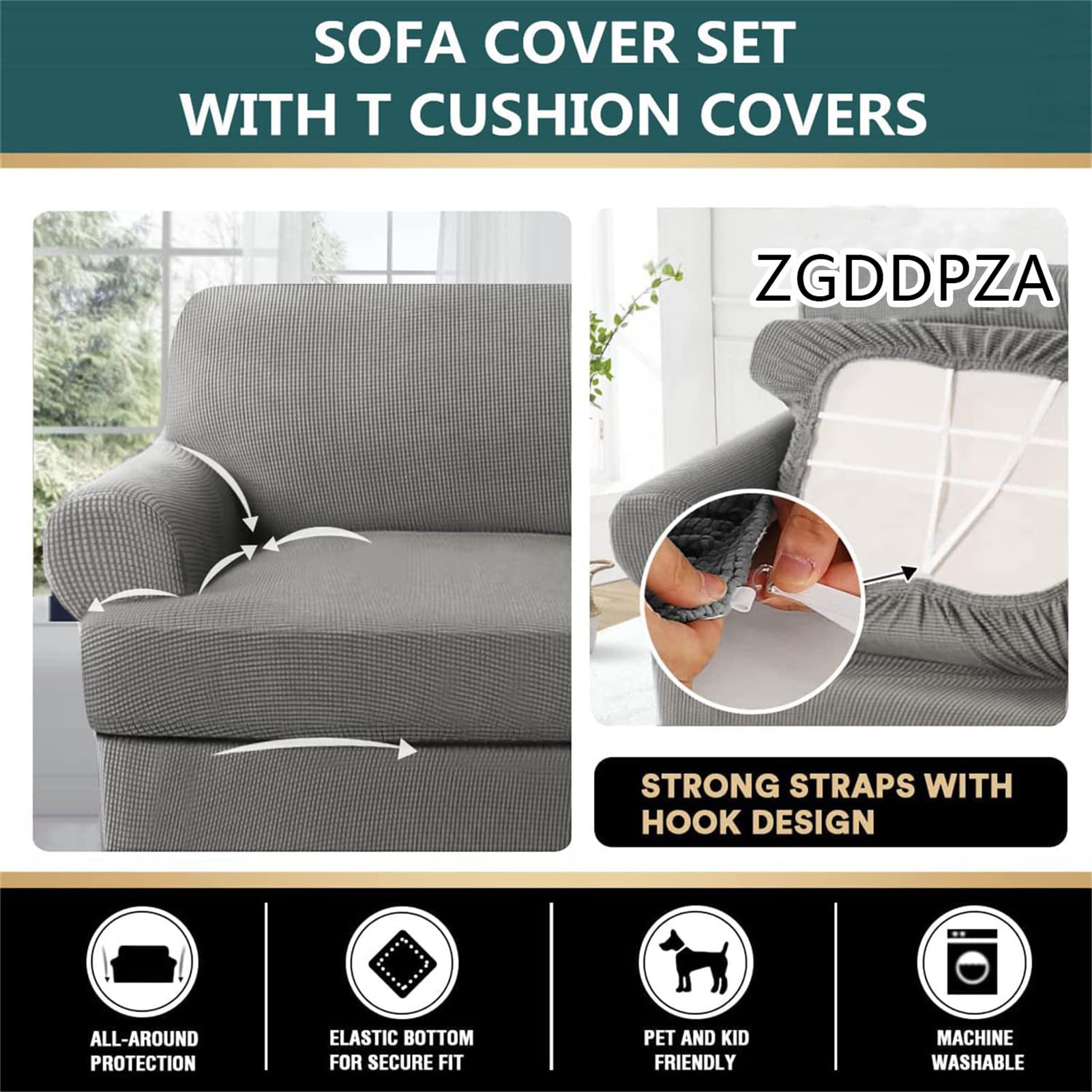Stretch Jacquard Knitted 3-Piece Sofa Cover Set with 2 Large T-Cushion Covers - 71-96 Inch Couch Protector Slipcover (Grey) - Perfect for Living Room Furniture Protection & Home Decor