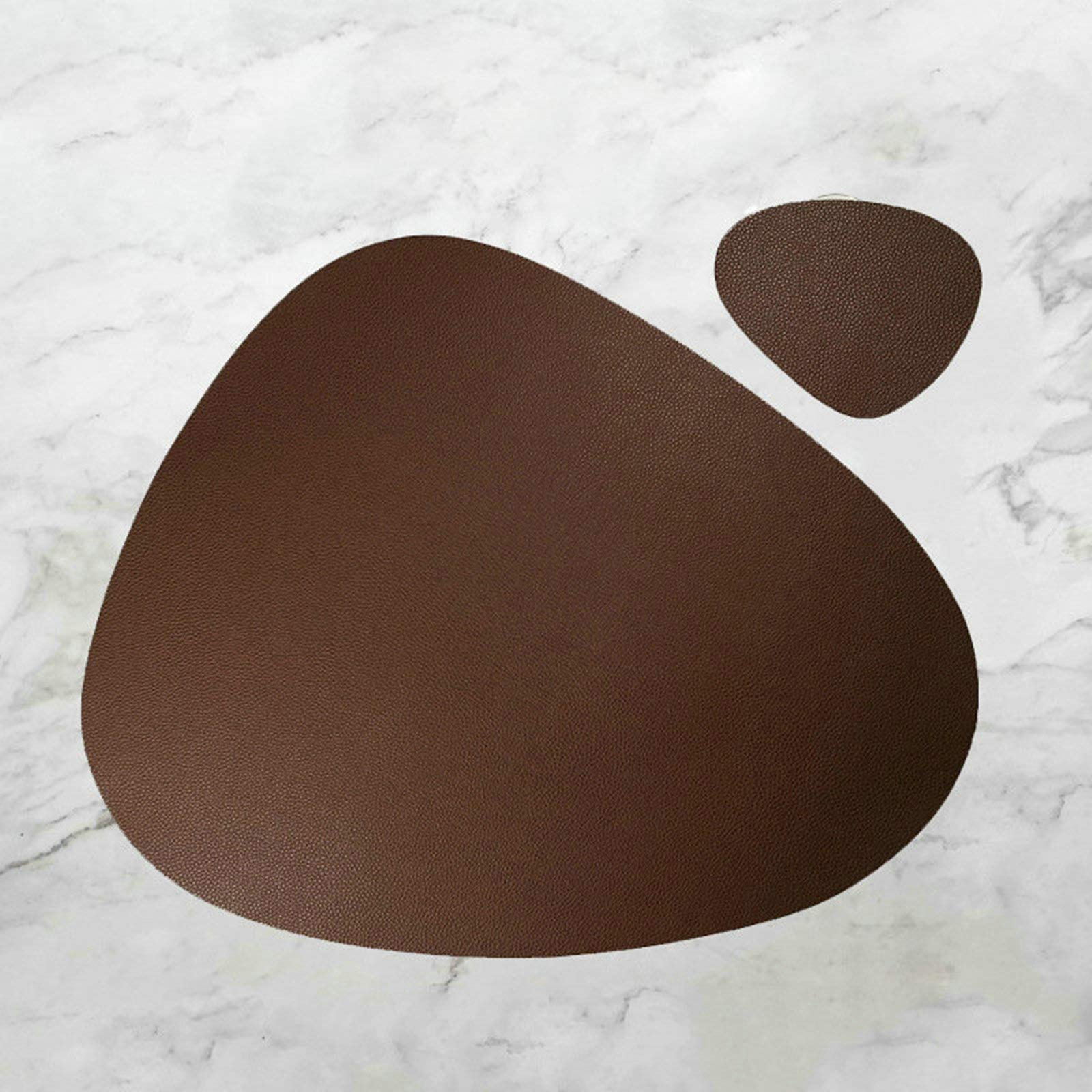 Premium PU Leather Placemats Set of 2 - Water Drop Shape, Solid Brown, 18x14 Inch - Christmas Dining Decor for Kids & Family Gatherings - Spill-Proof Coasters Included for Holiday Parties & Everyday Use