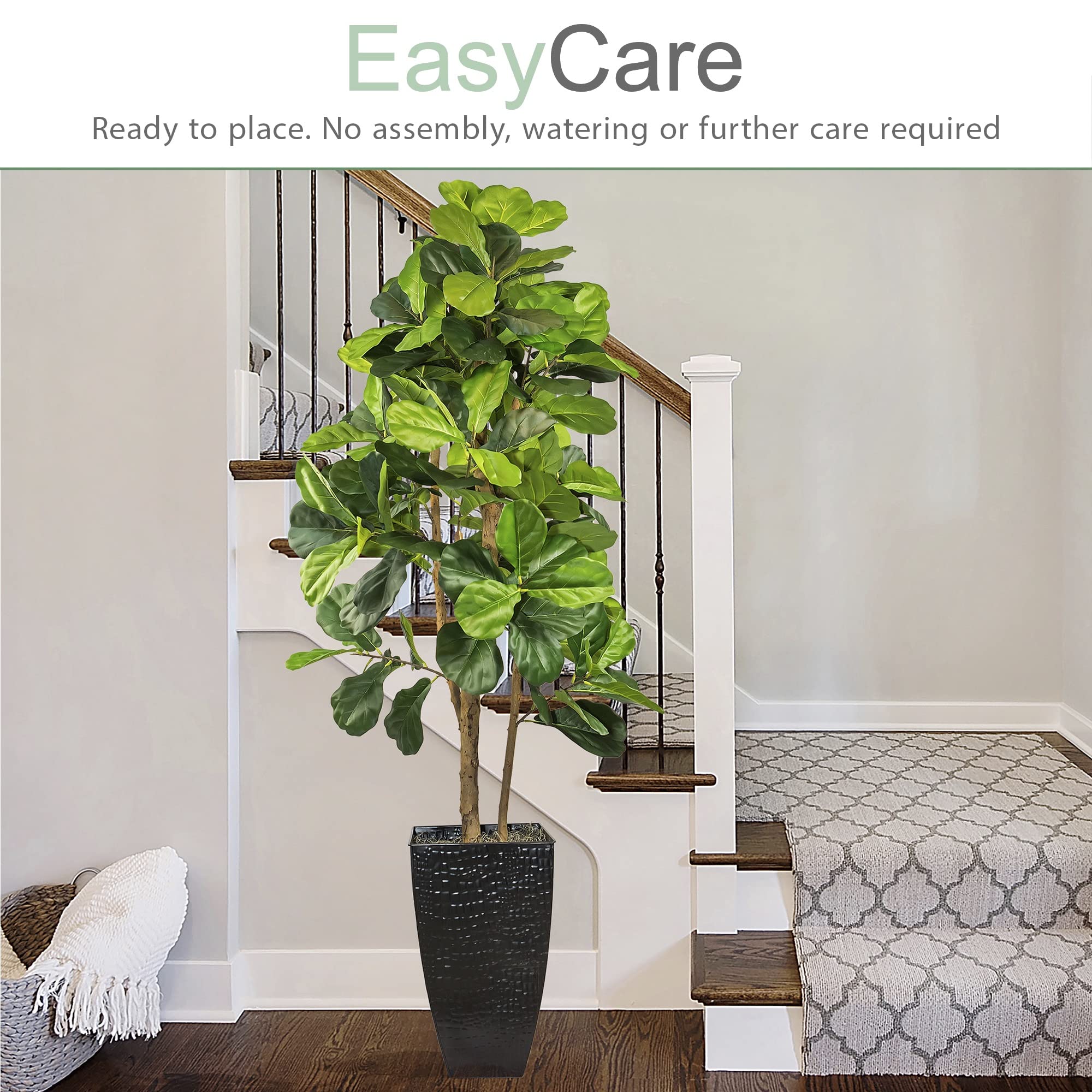 6FT Artificial Fiddle Leaf Fig Tree with Real-Wood Trunk & Black Metal Pot - Indoor Outdoor Faux Plant for Home, Office Decor - Perfect for Living Rooms, Bedrooms, Patios & Balconies (6 Feet Tall, Black Planter) - Adds Tropical Vibes to Any Space