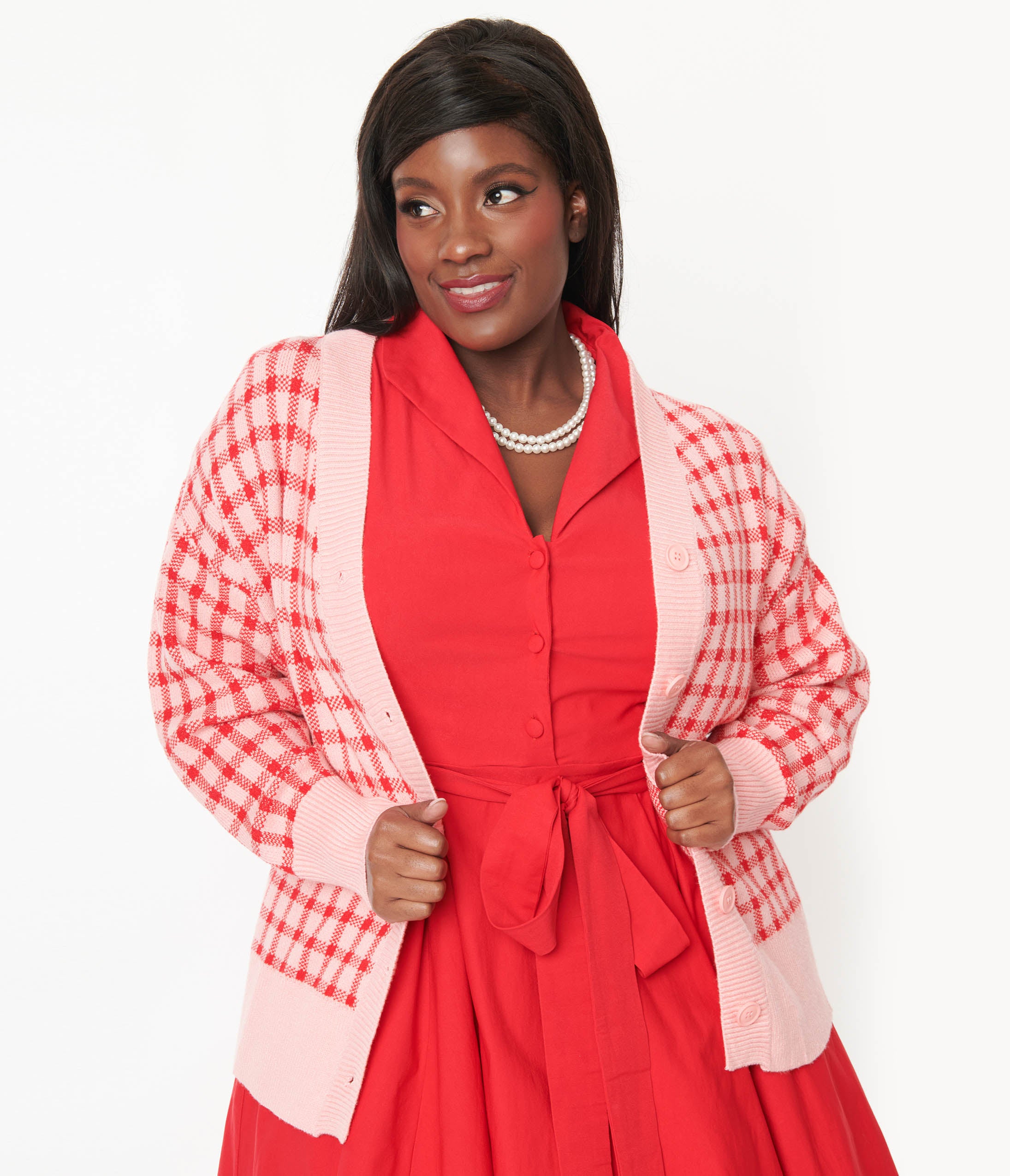 Stylish Pink and Red Checkered Cardigan for Women - Cozy Knit Sweater for Fall & Winter Fashion - Perfect for Casual Outfits, Office Wear, and Date Nights