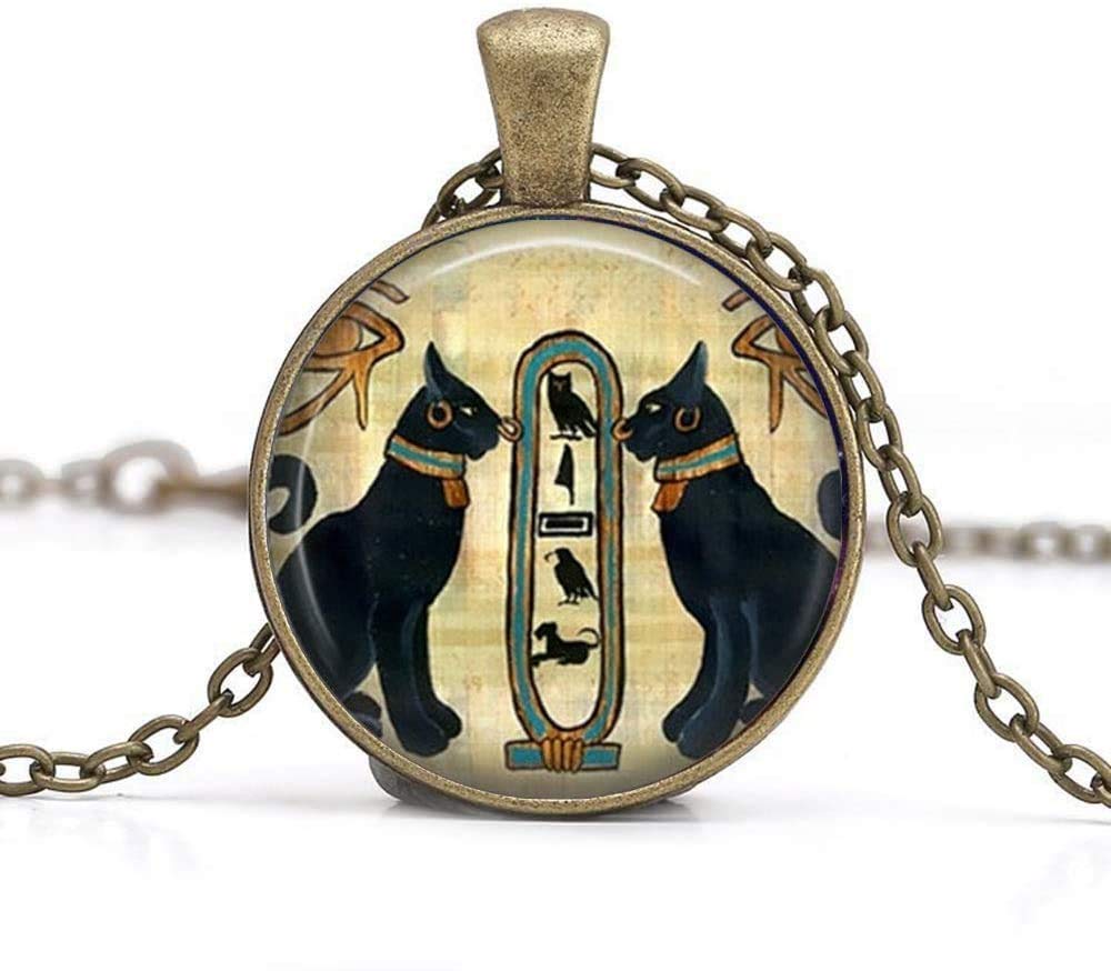 Egyptian Cat Necklace Pendant - Vintage Glass Photo Jewelry with Egyptian Cat Charm for Women | Perfect for Boho Style, Gift Giving, and Cultural Fashion Accessories