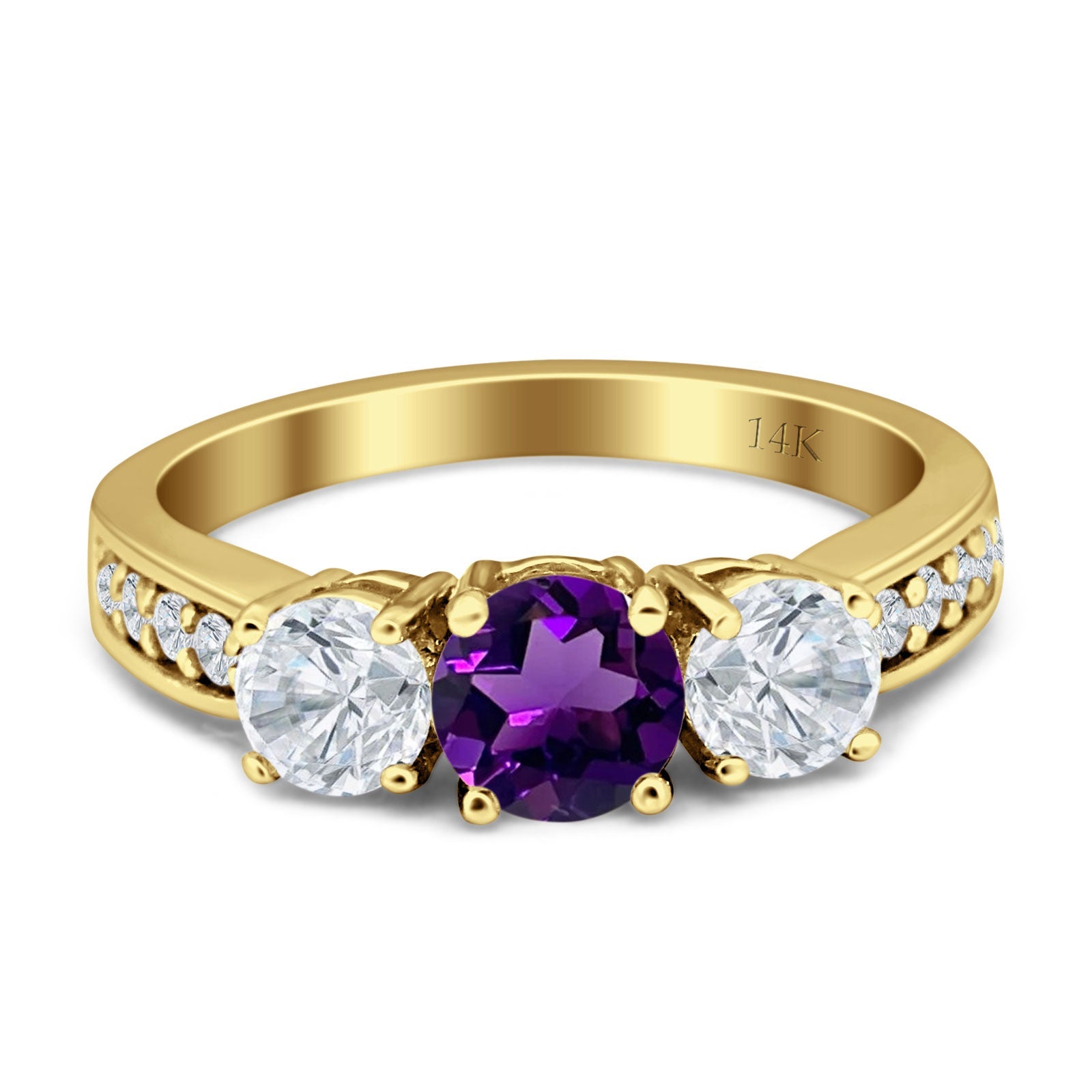 14K Yellow Gold Three Stone Round Natural Amethyst Vintage Style Ring for Women - Elegant Jewelry Gift for Anniversary, Birthday & Special Occasions