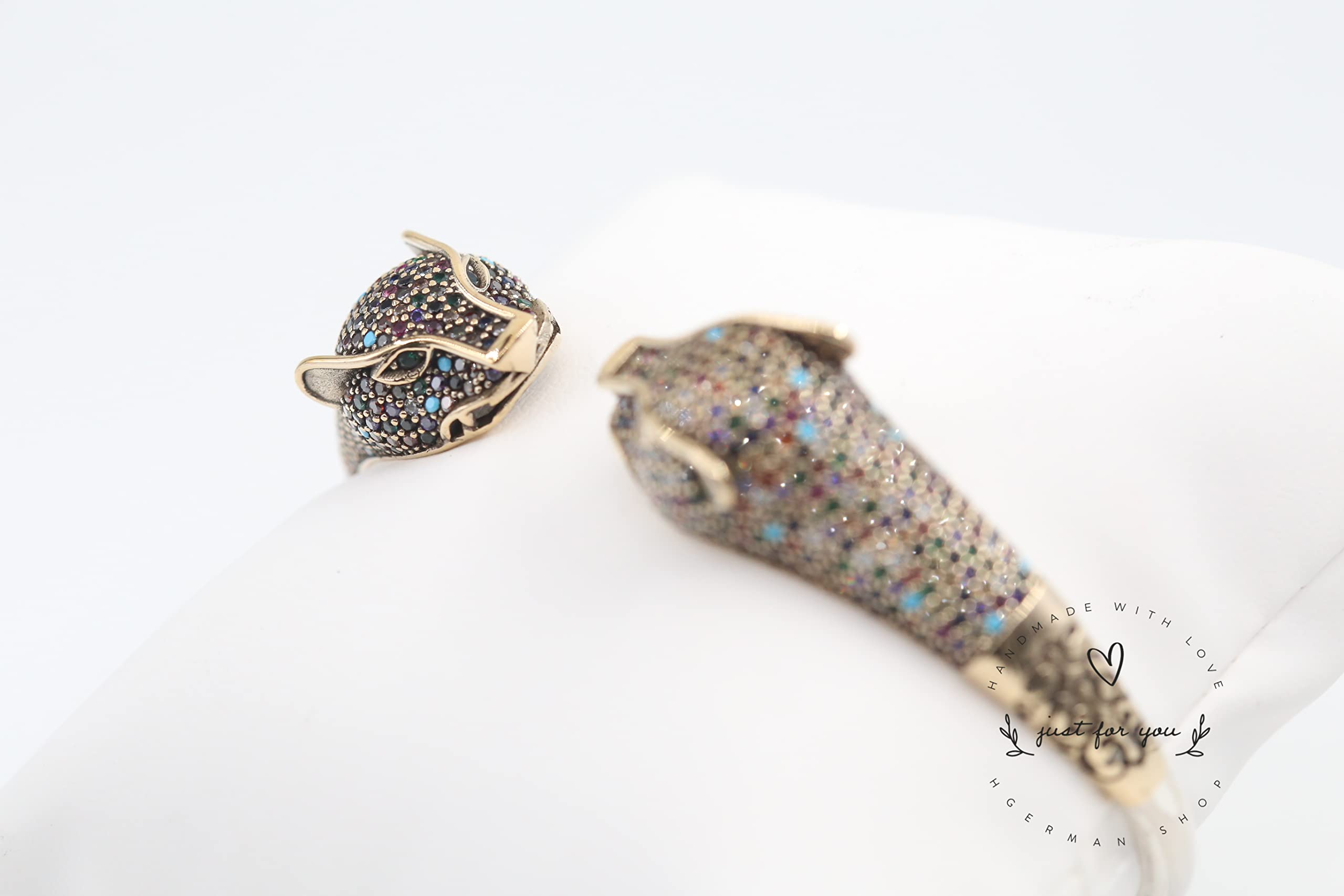 Jaguar Panther Leopard Cubic Zircon Sterling Silver Bracelet for Women - Big Cat Animal Jewelry Gift, Adjustable Free Size - Perfect for Parties, Date Nights & Fashion Accessories