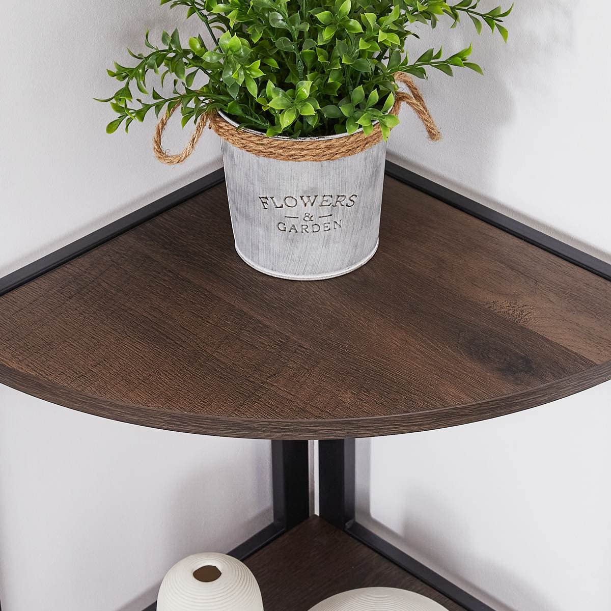 FATORRI 5-Tier Rustic Tall Corner Shelf - Industrial Dark Wood & Metal Bookshelf for Living Room, Home Office - Walnut Brown Corner Plant Stand for Small Spaces & Decor