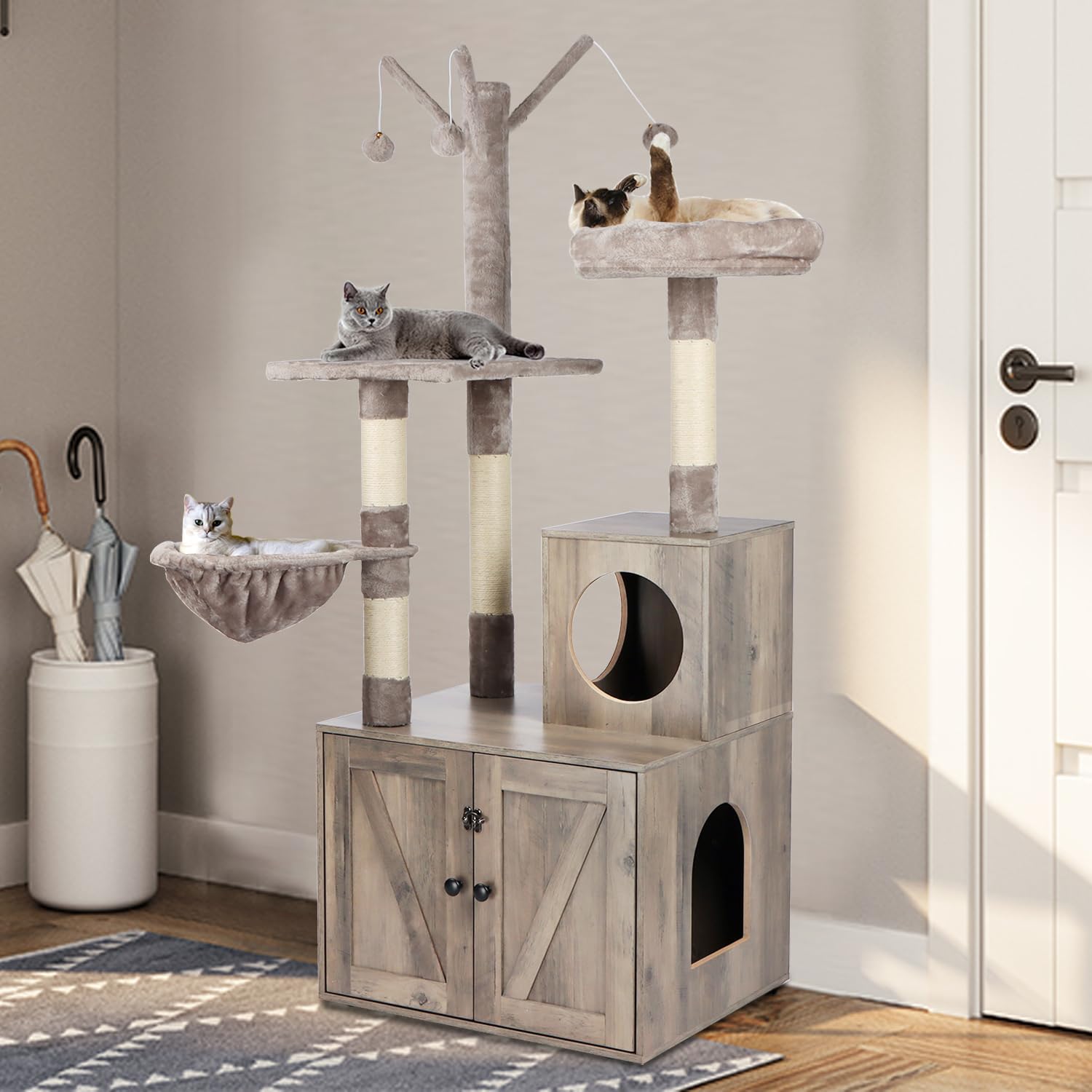 2-in-1 Modern Grey Cat Tree Tower with Hidden Litter Box Enclosure & Scratching Post - Multi-Level Cat Condo Furniture for Small Spaces & Home Decor