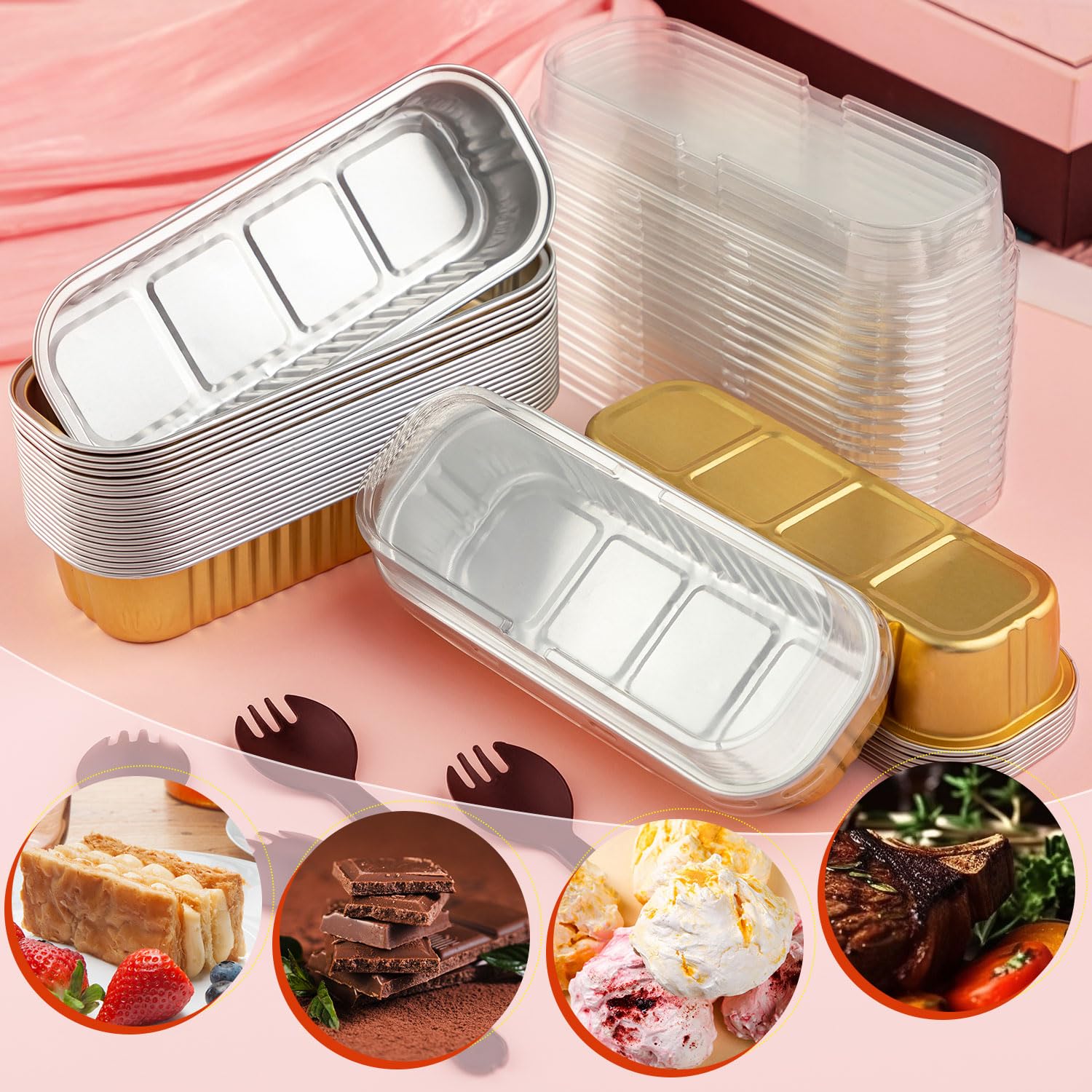 60-Piece Mini Loaf Baking Pans Set with Lids & Spoons - Reusable Aluminum Foil Rectangular Cake Pans for Brownies, Cupcakes & Desserts - Perfect for Parties, Picnics & Holiday Baking (Gold)