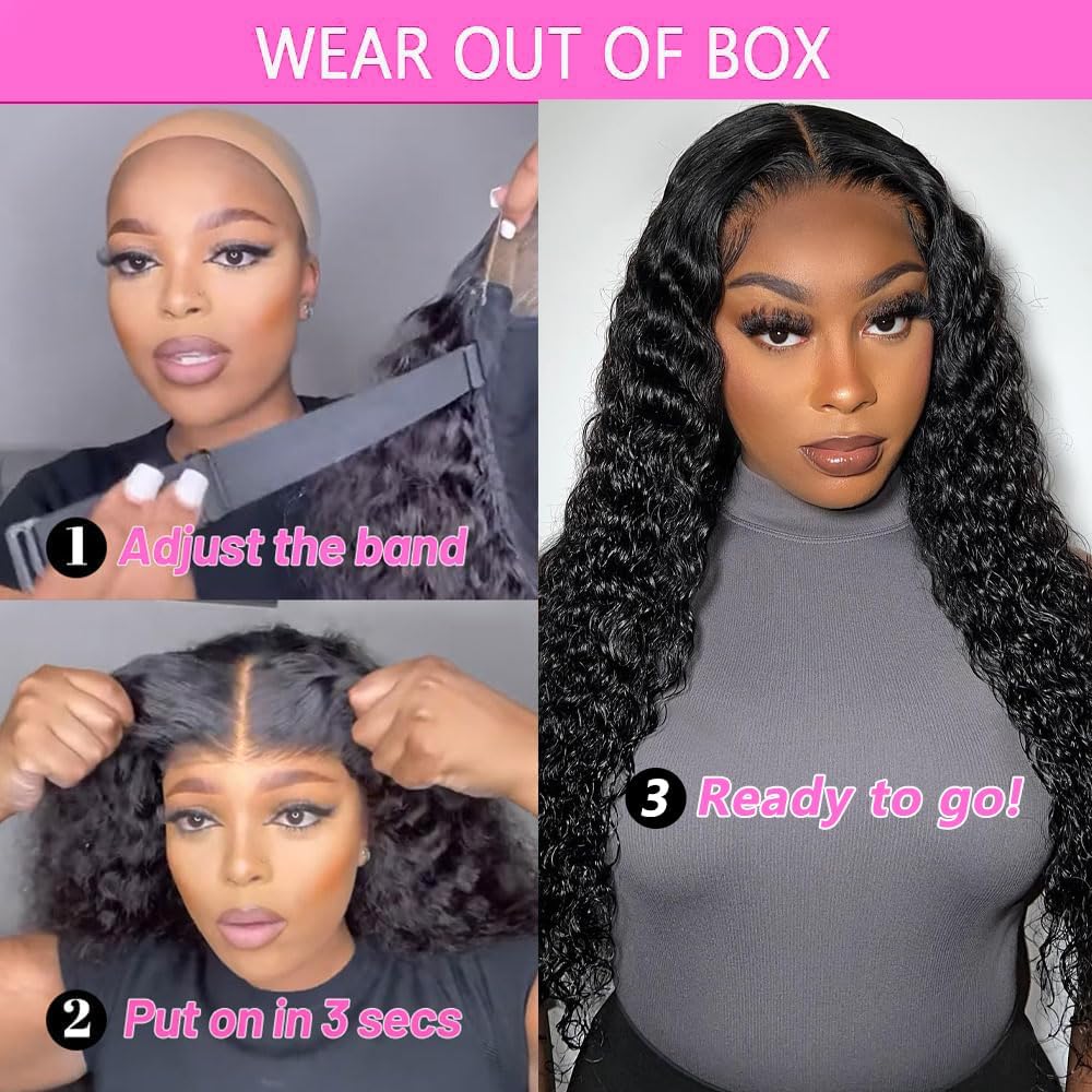 Glueless Human Hair Wigs for Black Women - 180% Density Deep Wave 28 Inch Lace Front Wig with 4x4 Lace Closure | Pre Plucked, Pre Cut, No Glue Needed | Perfect for Daily Wear, Special Occasions & Protective Styling