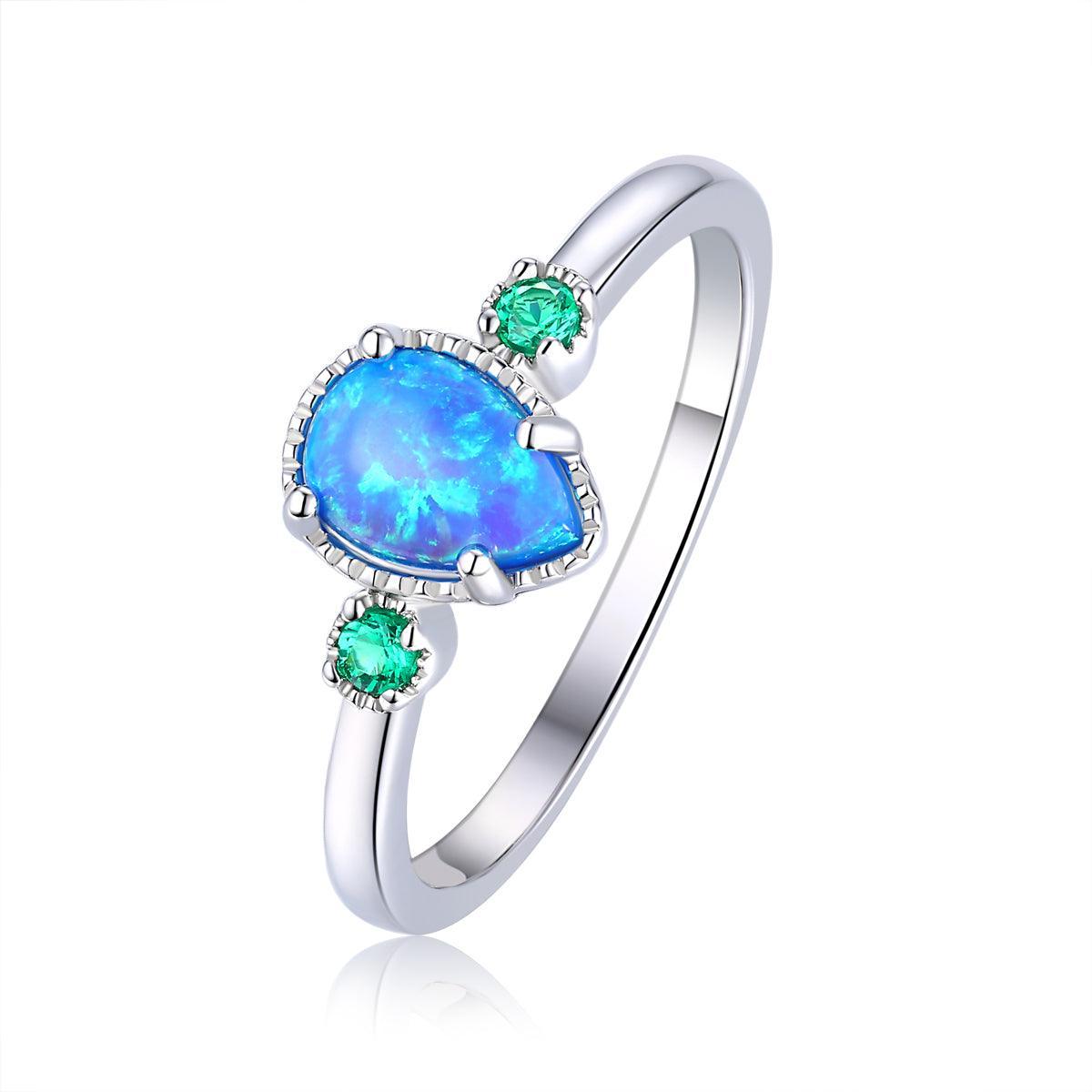 Blue Opal Three Stone Teardrop Ring - Elegant Sterling Silver Jewelry for Women | Perfect for Weddings, Anniversaries & Special Occasions
