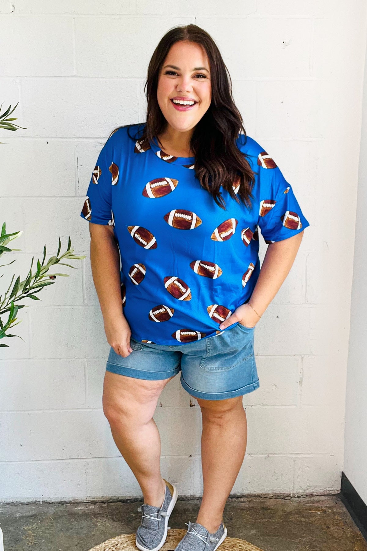 Game Day Blue Football Print Knit Top - Comfortable Sports Fan Tee for Women - Perfect for Football Games, Tailgating & Casual Wear