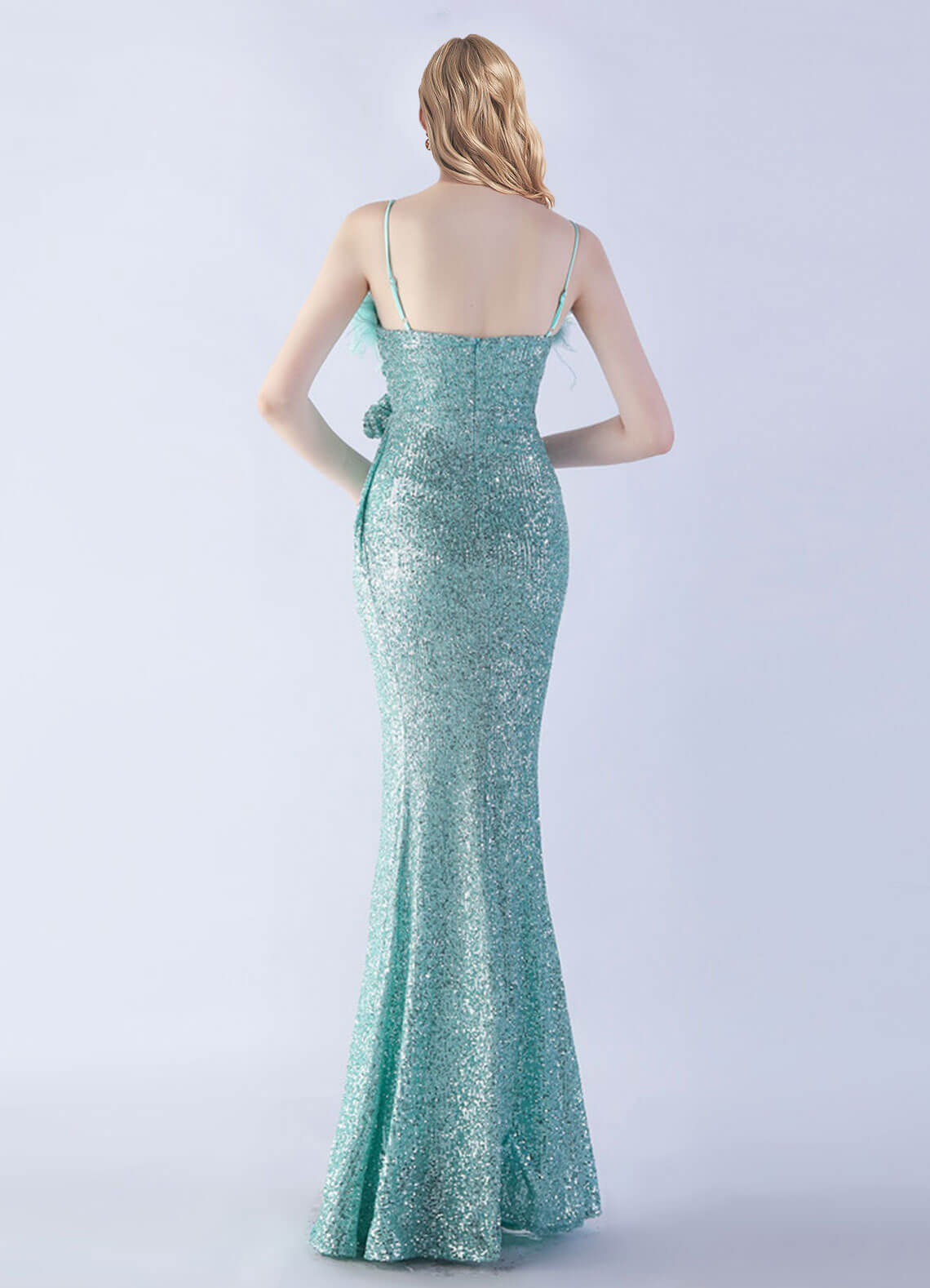 Agua Luxury Feather Spaghetti Straps Sequin Maxi Formal Gown - Elegant Evening Dress for Prom, Wedding, Gala & Special Occasions