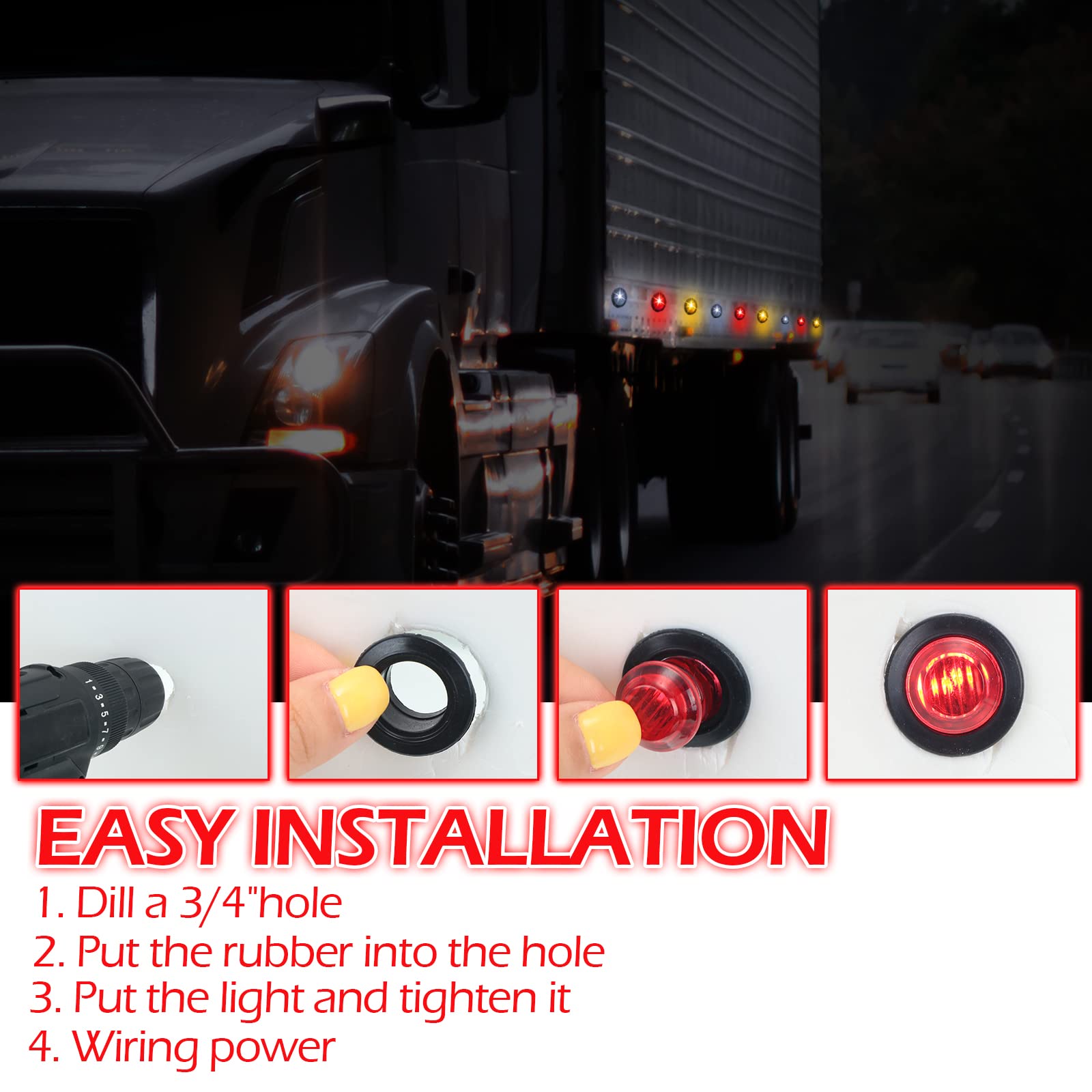 90 Pack 3/4 Inch LED Side Marker Lights - Mini Trailer Button Lights with 3 LED Sealed Flush Mount Bulb - 12V DC Amber/Red/White Round Signal Lamps for Boat, Truck, Pickup, Bus & RVs - Perfect for Night Driving & Safety Visibility