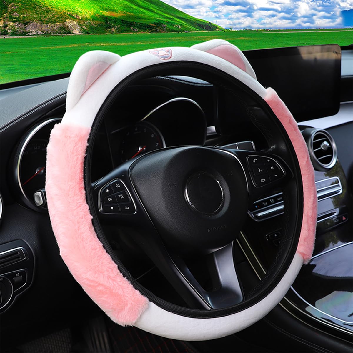 Fluffy Soft Plush Car Steering Wheel Cover for Winter Warmth - Cute Kitty Cat Ears Design, Universal 15 Inch, Elastic & Anti-Slip Steering Wheel Protector - Lovely Pink Car Accessories for Women, Girls & Teens - Perfect for Cold Weather Commuting & Stylish Car Decor