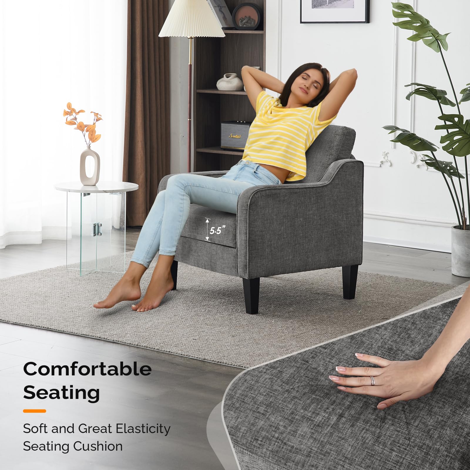 VINGLI Mid Century Modern Accent Chair - Soft Chenille Upholstered Armchair for Living Room, Bedroom, Office - Comfortable Reading Chair & Side Chair in Light Grey (Perfect for Relaxing, Lounging & Home Decor)