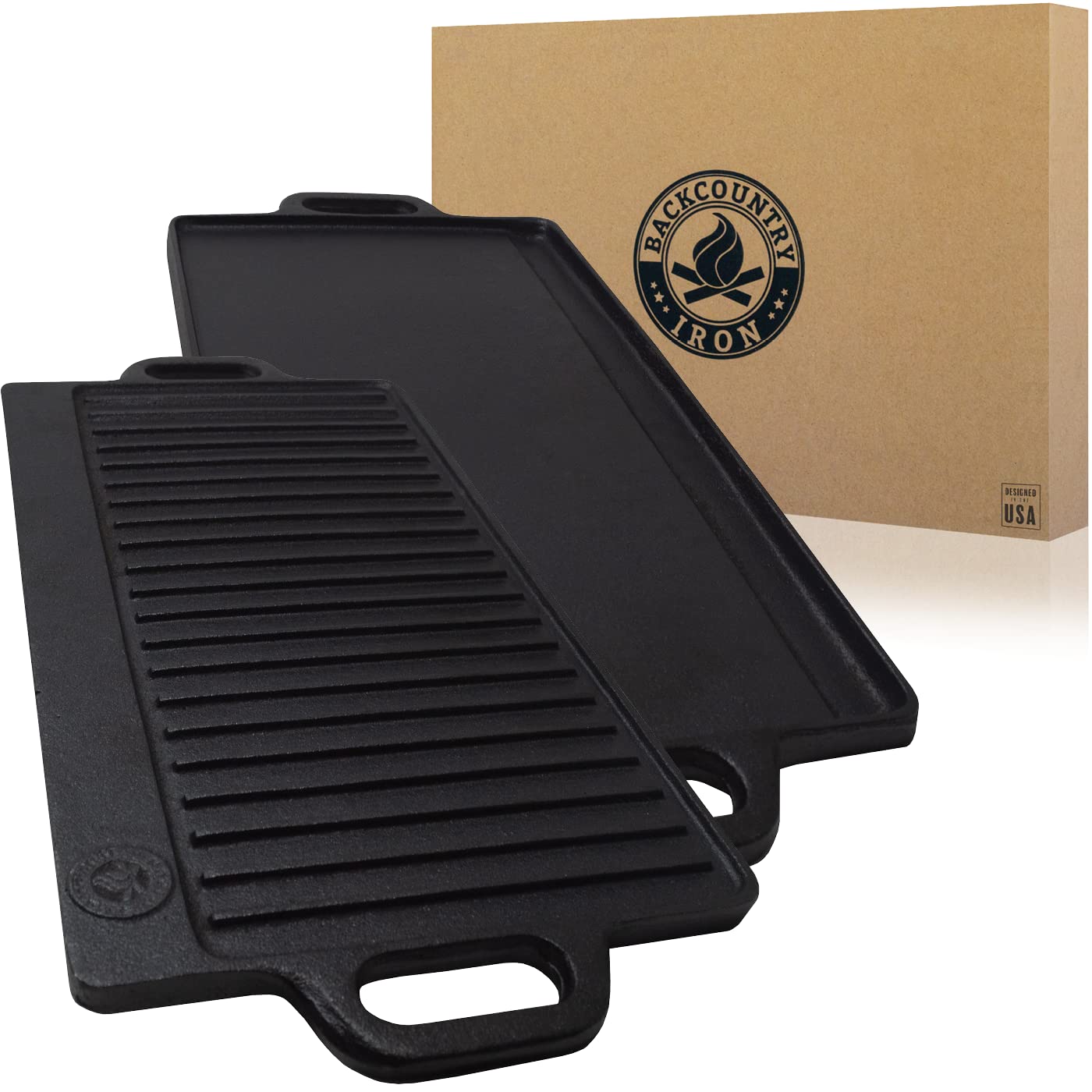 **20 x 9 Inch Large Reversible Seasoned Cast Iron Grill Griddle – Heavy Duty Backcountry Camping & Outdoor Cooking – Perfect for Grilling, Searing & Pancakes**