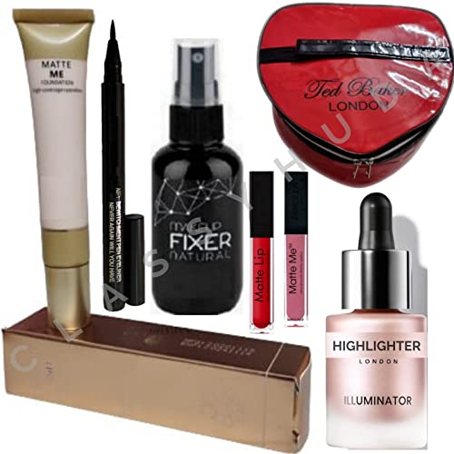 Huda Professional Makeup Kit - Matte Foundation, Eyeliner, Lipstick, Highlighter & Storage Bag [7-Piece Set] for Bridal, Party & Everyday Glam Looks