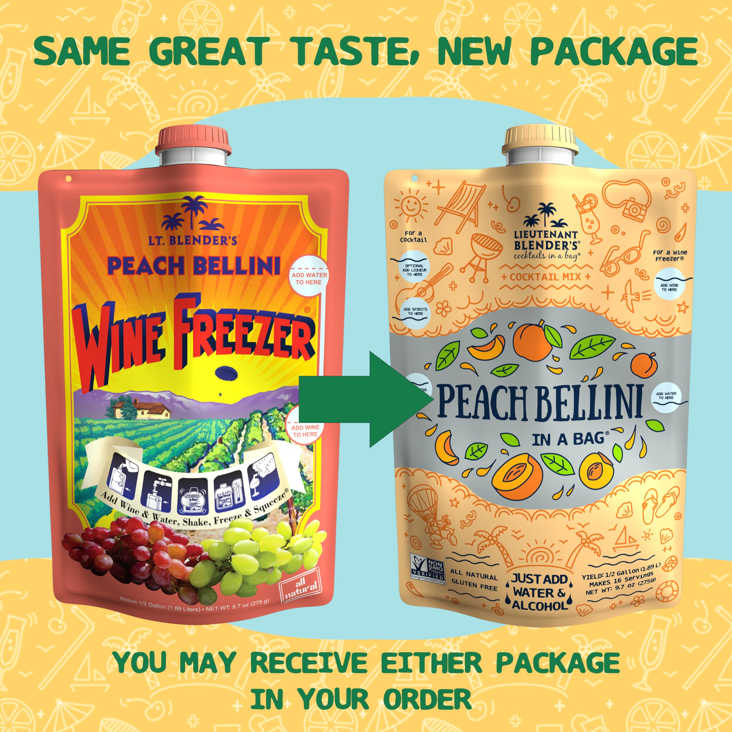 Premium Peach Bellini Wine Slushie Mix - Non-GMO Freezer Cocktail Mix (Pack of 5) - Makes 1/2 Gallon per Bag - Perfect for Parties, Summer Gatherings & Mocktails