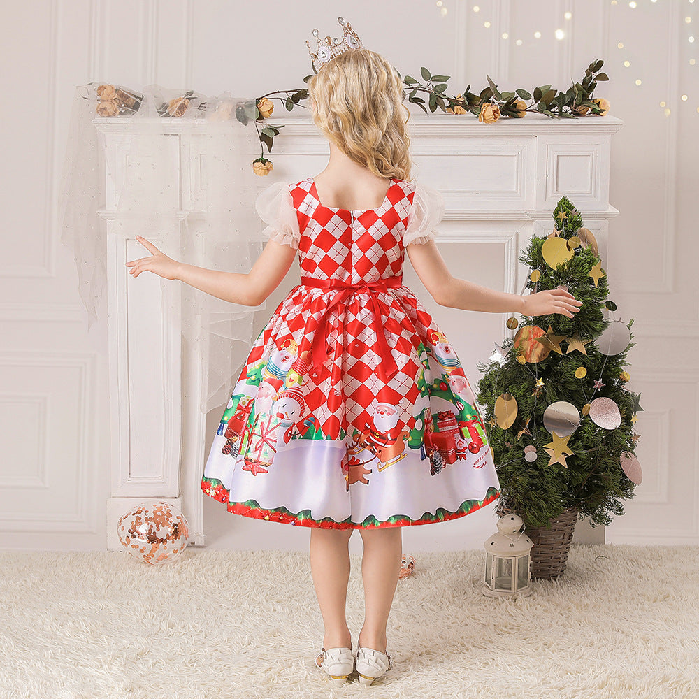 Girls' White Puff Sleeve Christmas Dress with Red Checker Print - Santa Snowman & Sleigh Design, Zipper Closure | Holiday Party, Family Gathering, Winter Photoshoot Outfit