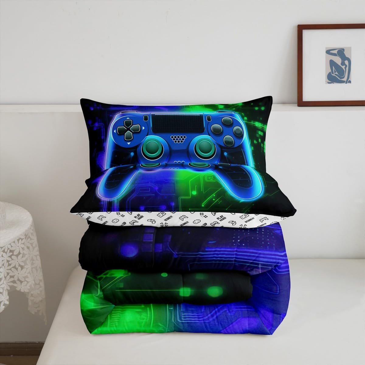 Cool Gaming Comforter Set for Boys - Full Size Video Game Controller Bedding with 2 Pillowcases | Blue & Green Gamer Duvet Cover | Perfect for Kids' Bedroom, Sleepovers & Gaming Themed Decor