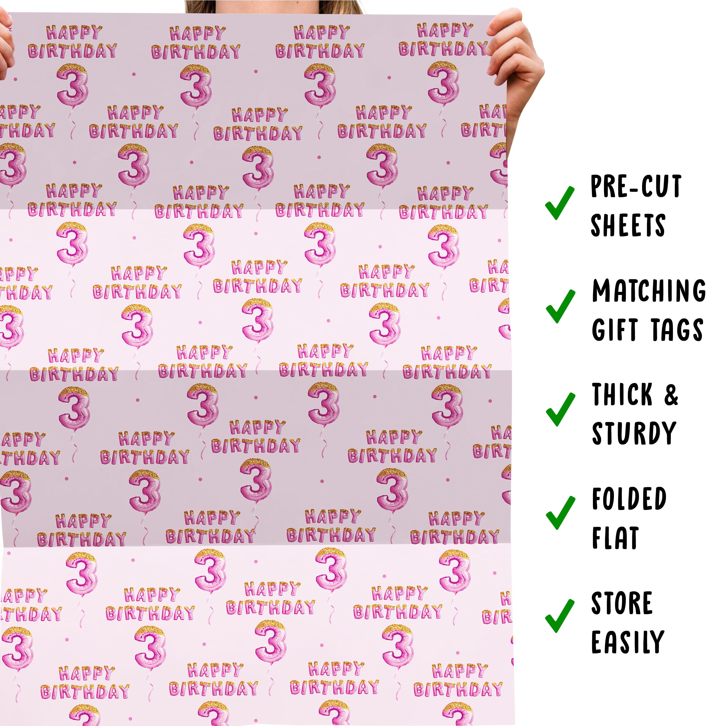 Happy 3rd Birthday Wrapping Paper for Girls - 6 Sheets Pink Recyclable Gift Wrap with Stickers | Perfect for Birthday Party Decorations, Present Wrapping & Special Occasions
