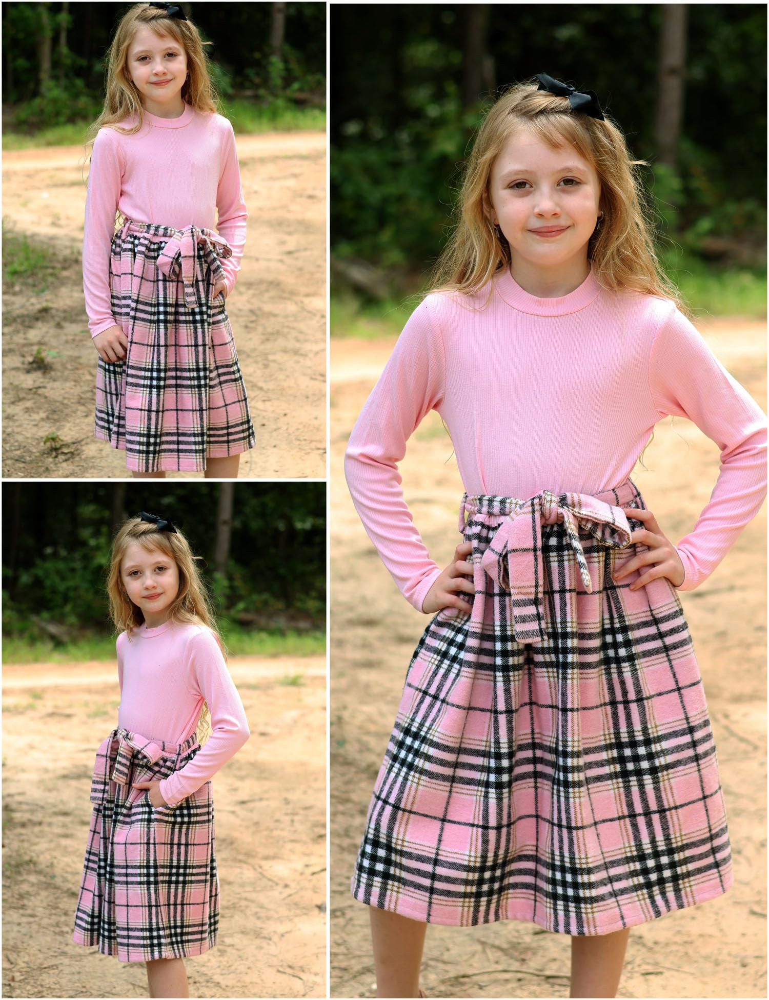 Arshiner Girls Long Sleeve Rib Knit Plaid Patchwork Belted Dress with Pockets | Cute & Comfortable Fall Winter Outfit for School, Party & Holiday Photos