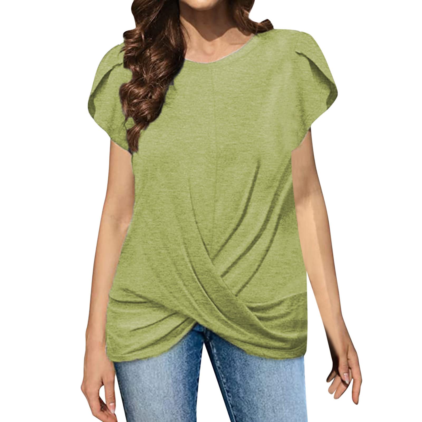 Women's Solid Color Round Neck Petal Sleeve Twist Front Summer T-Shirts - Casual Comfort Top for Everyday Wear, Date Night & Vacation Outfits