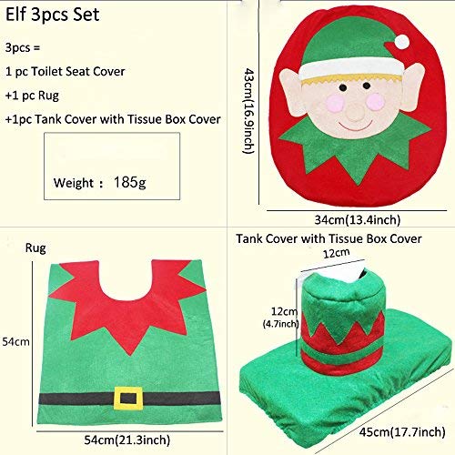 Christmas Elves Toilet Seat Cover, Tissue Box Cover & Bathroom Carpet Set - 3-Piece Holiday Bathroom Decor for Christmas, Festive Home Accessories (Perfect for Holiday Parties, Gift Giving & Seasonal Home Styling)