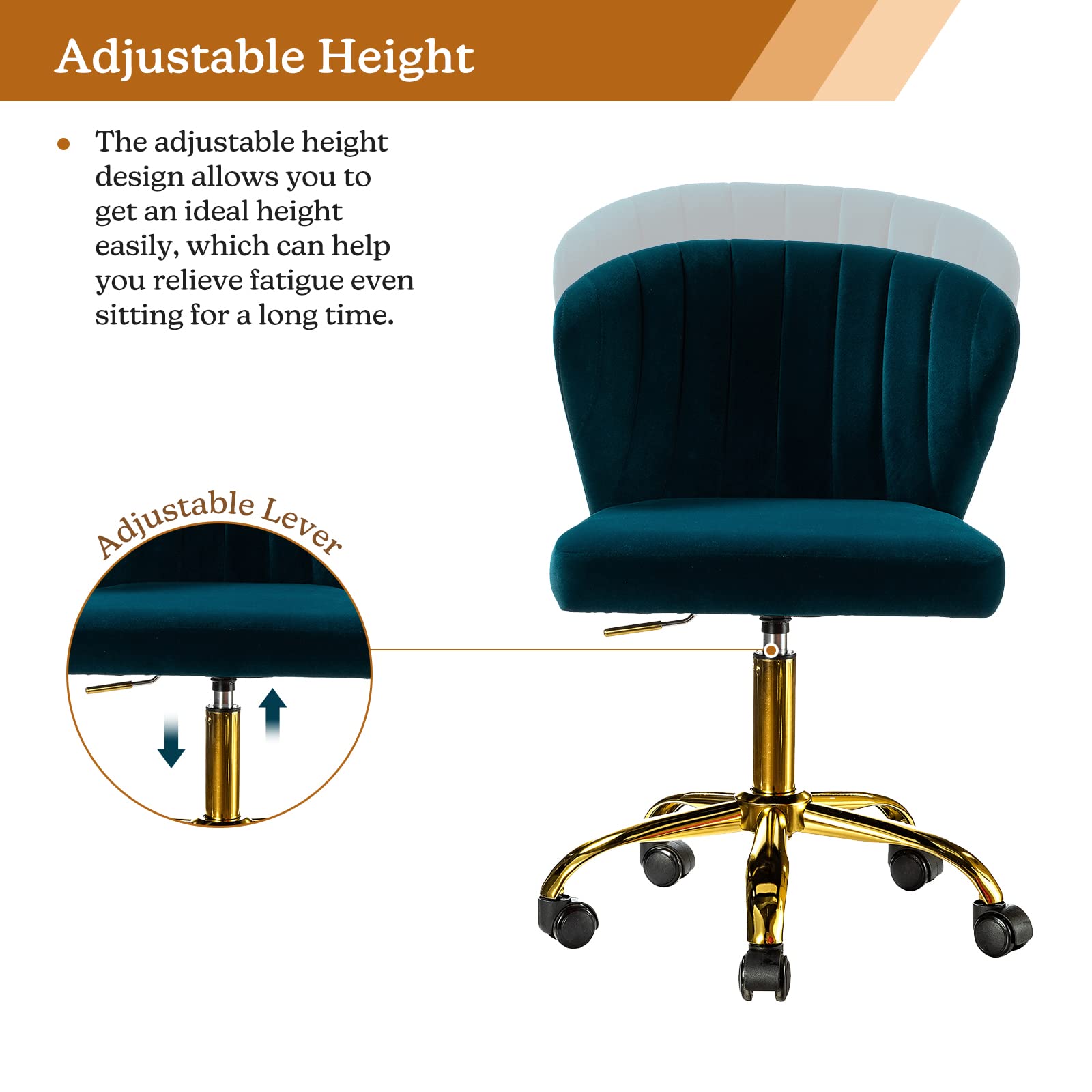 TINA'S HOME Modern Velvet Office Chair with Wheels - Adjustable Low Back Swivel Rolling Task Chair, Gold Base Armless Desk Chair for Home Office, Living Room, Vanity & Study (Teal Blue) | Ergonomic Comfort for Work & Relaxation